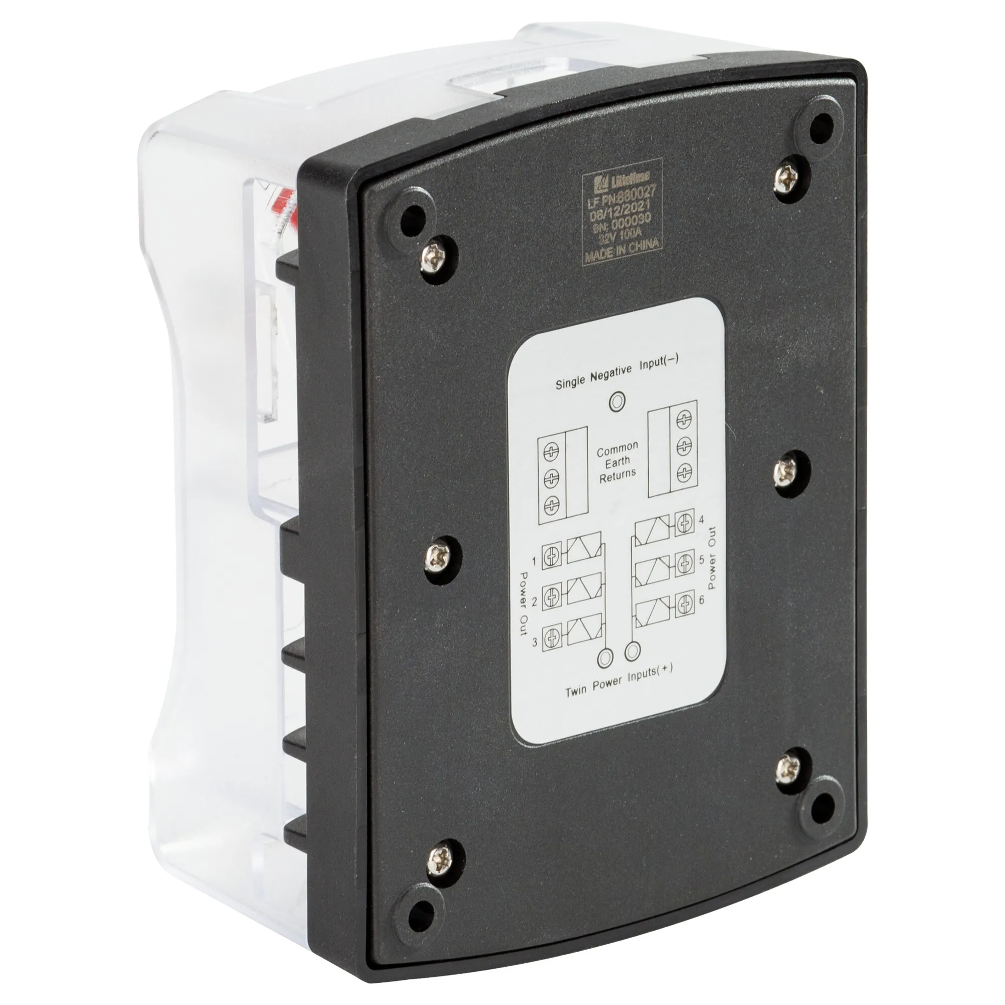 Schwarzer Sicherungsblock der ST ATO® Series mit weißem Gehäuse, sechs Stromausgängen und integrierter Erdungsschiene