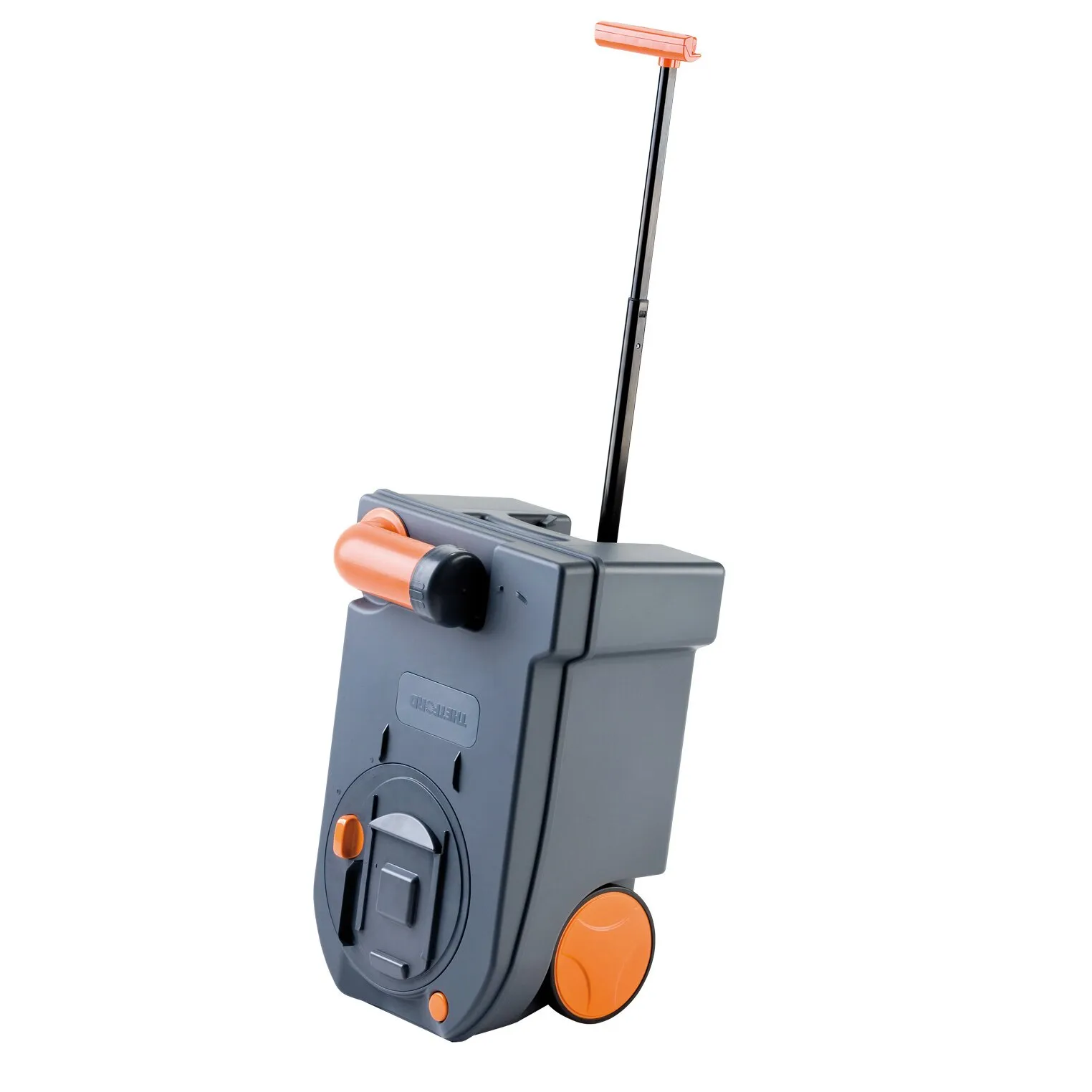 Grauer Fäkalientank C250/C260 mit orangefarbenen Rädern, Drehverschluss und ausziehbarem Transportgriff