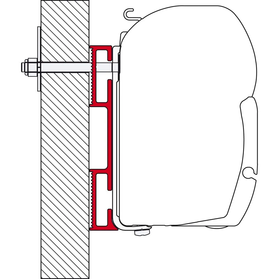 Seitenansicht eines roten Markisenadapters D, 8 cm, zur Befestigung einer Markise an einer Wand mit Schraubverbindung