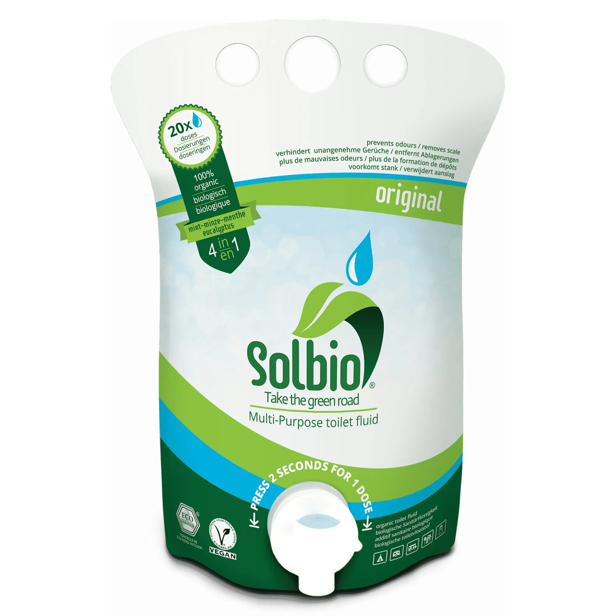 Solbio Toilettenzusatz 4 in 1, 800 ml, im weißen Nachfüllbeutel mit Dosieröffnung, mint-eukalyptusduftend