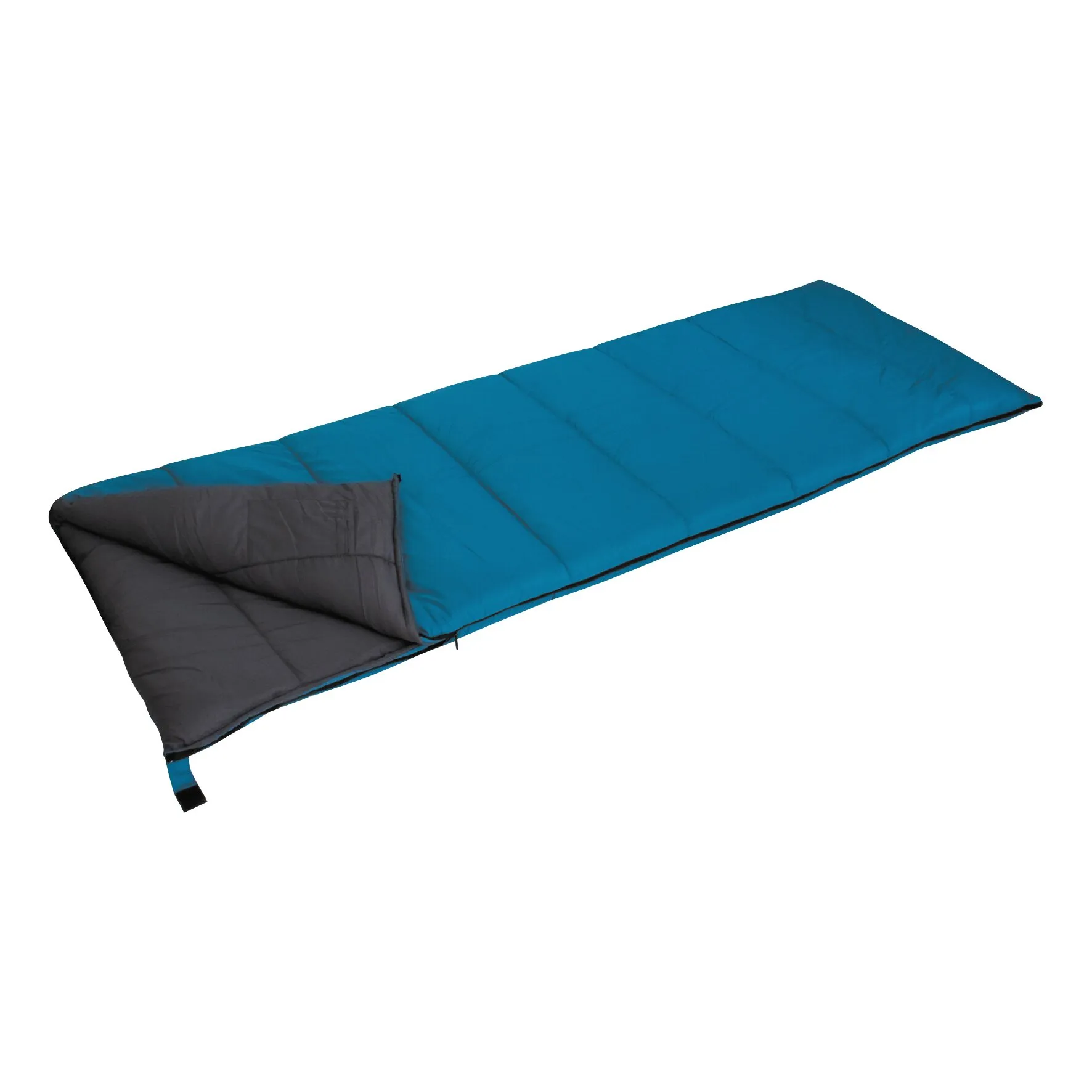Blauer Deckenschlafsack Alaska, 200 x 80 cm, aufgeklappt mit dunkelgrauer Innenseite und gesteppten Feldern