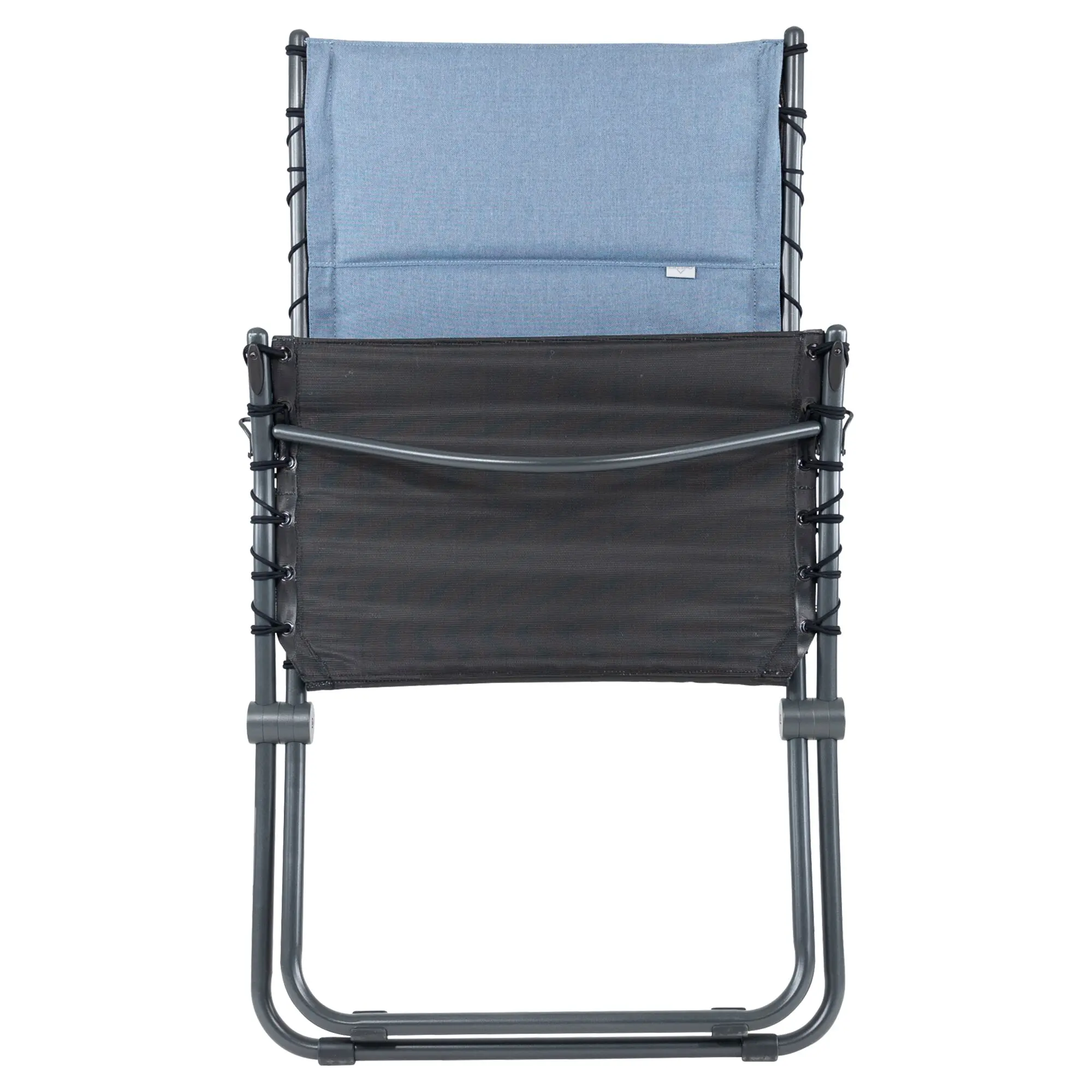 Blauer Relaxsessel AP/262 Tex-Comfort, Rückenlehne aus blauem Stoff, schwarzer Sitzbereich, grauer Metallrahmen mit seitlichen Kordeln