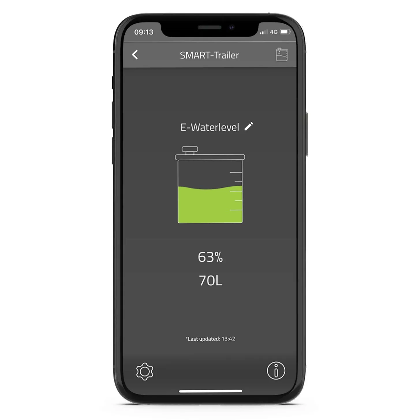 Smartphone mit E-Waterlevel-App, die einen Wasserstand von 63 Prozent beziehungsweise 70 Litern anzeigt
