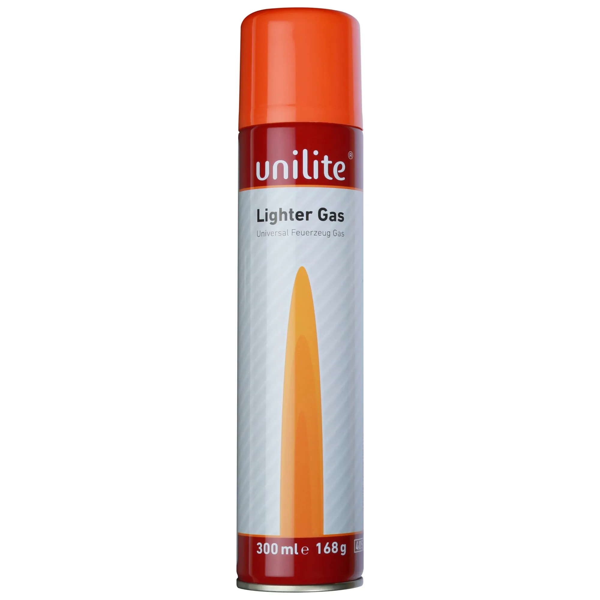 Rote Unilite-Nachfülldose mit orangefarbener Kappe, Aufschrift „Lighter Gas“ und 300 ml Inhalt für Feuerzeuge
