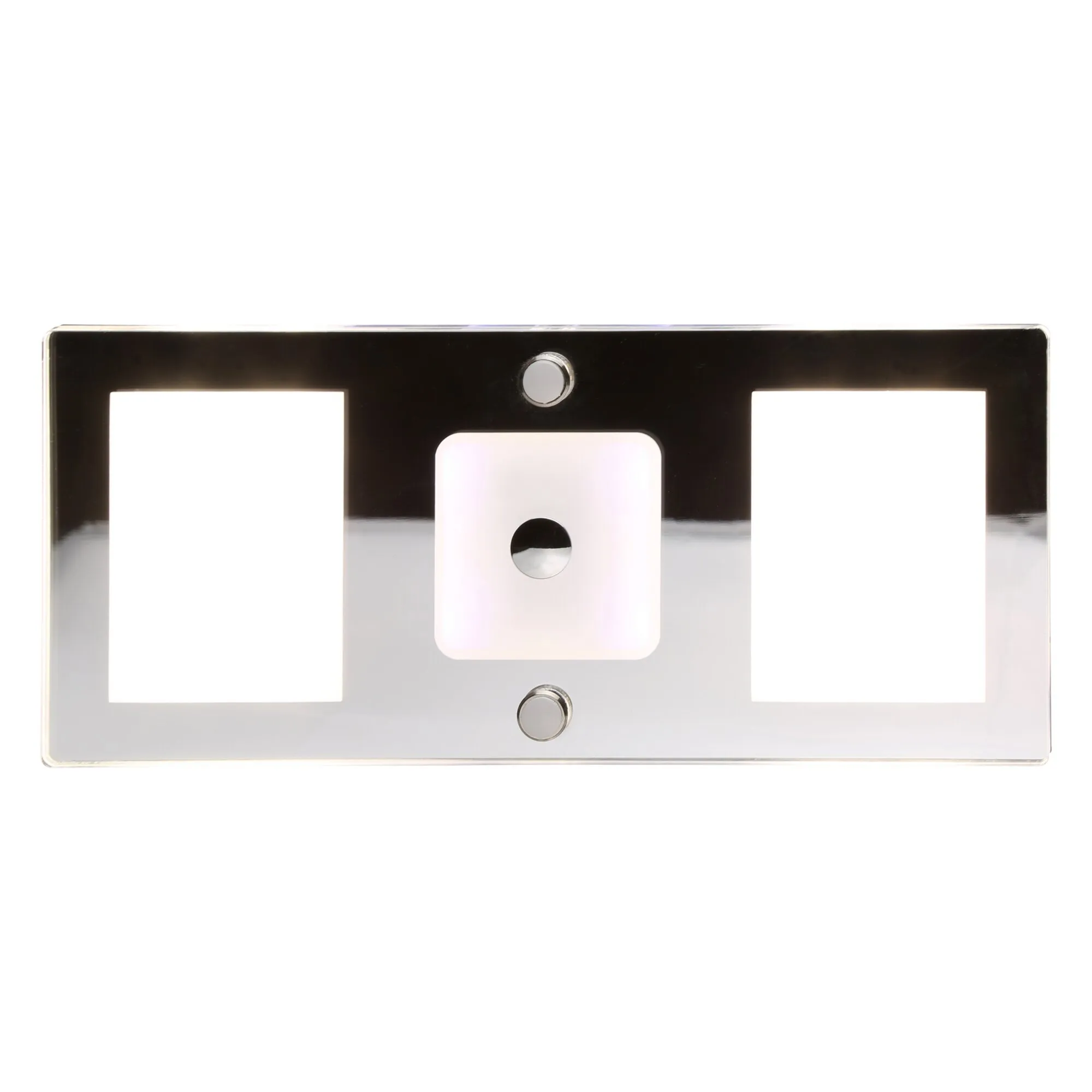 Deckenleuchte Nightlight 3 mit rechteckigem Rahmen in Schwarz und Chrom, drei weißen Leuchtflächen und zwei runden Bedienelementen