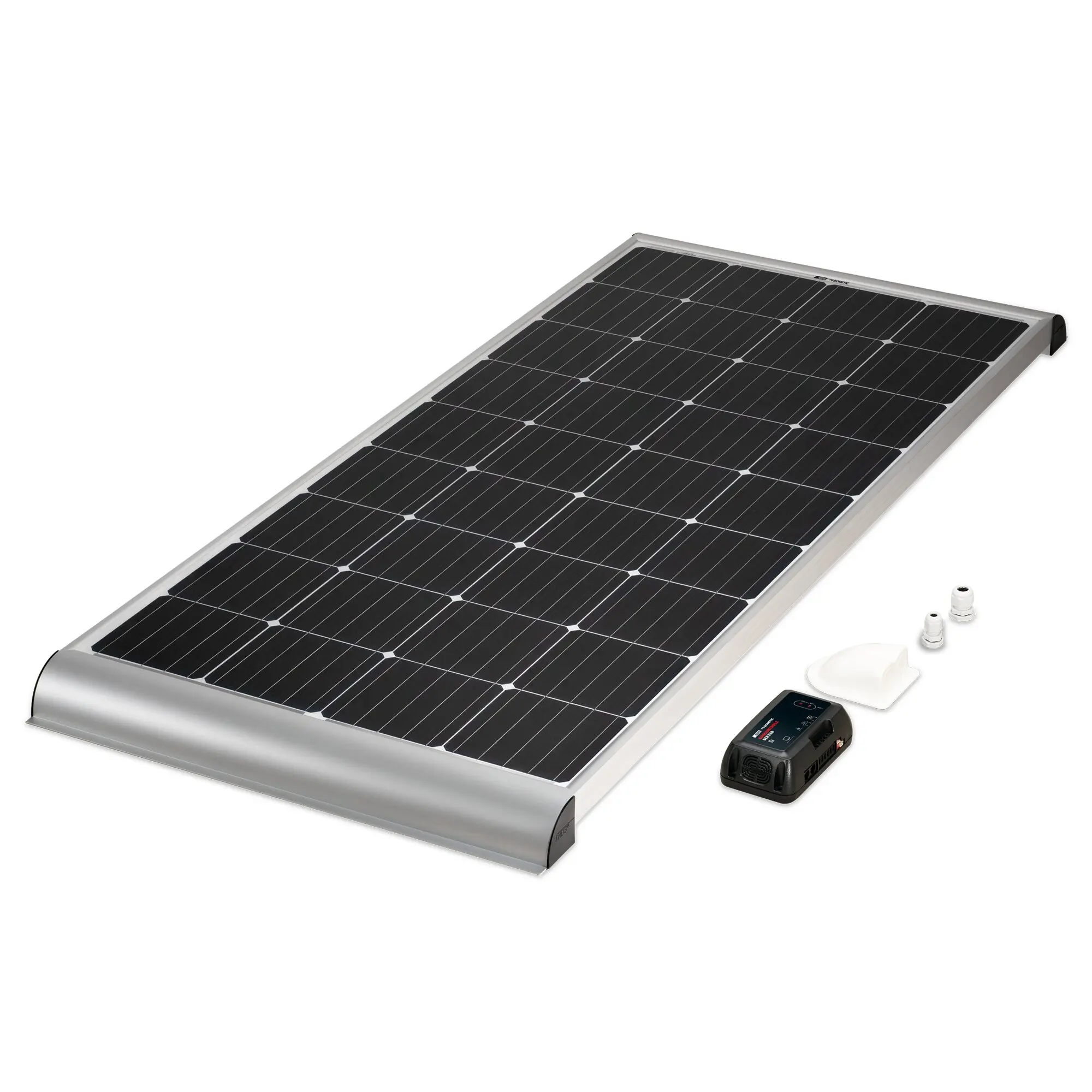 Solarmodul mit schwarzer Zellenfläche im silbernen Rahmen, dazu sichtbares Zubehör wie Controller, Stecker und Abdeckungen