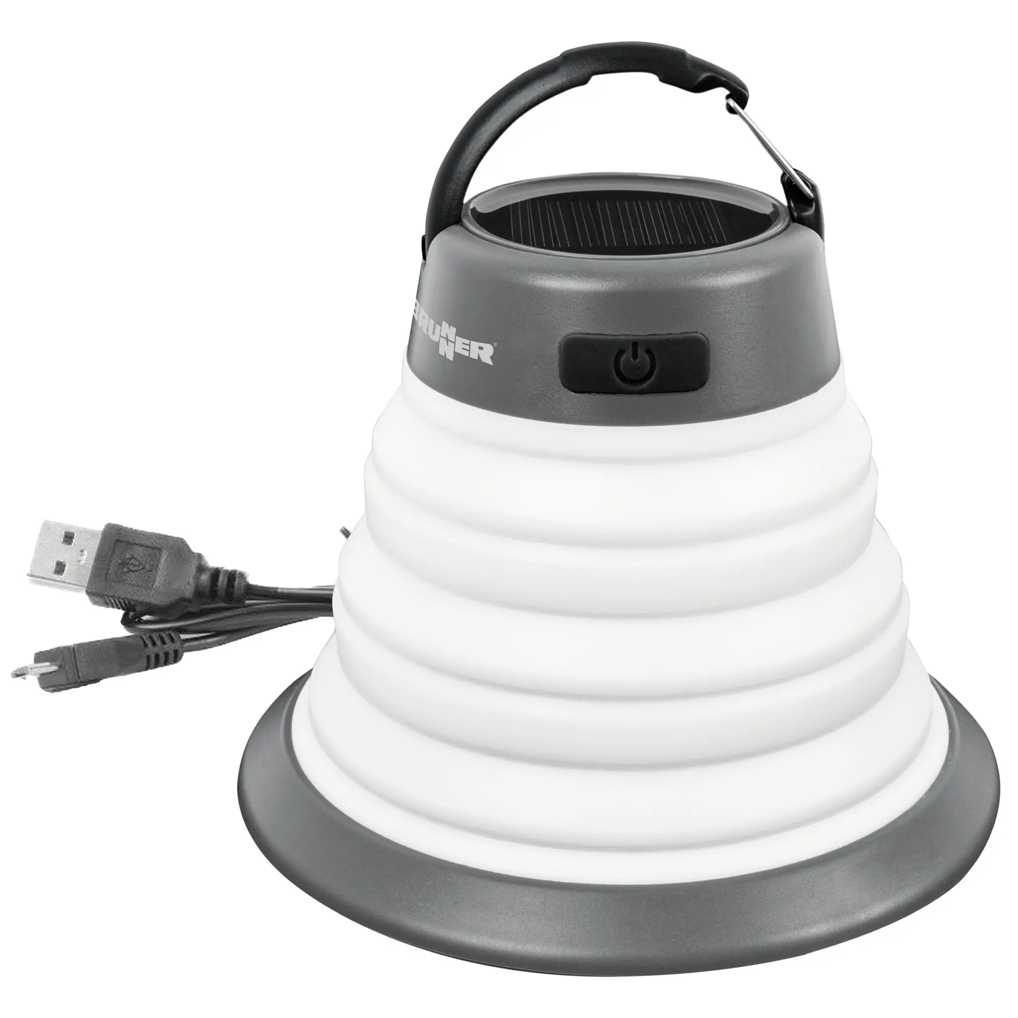 Zeltlampe Aura, Detailaufnahme der Oberseite: grauer Deckel mit Solarzelle, schwarzer Traggriff, Power-Taste, USB-Kabel sichtbar