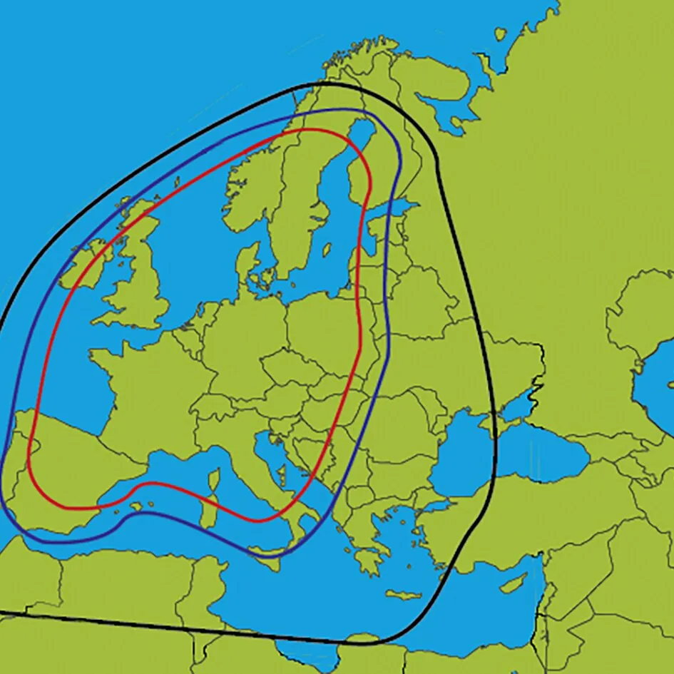 Empfangskarte der Sat-Anlage Precision Sat-Kit Twin 55 cm mit farbigen Ausleuchtzonen über Europa