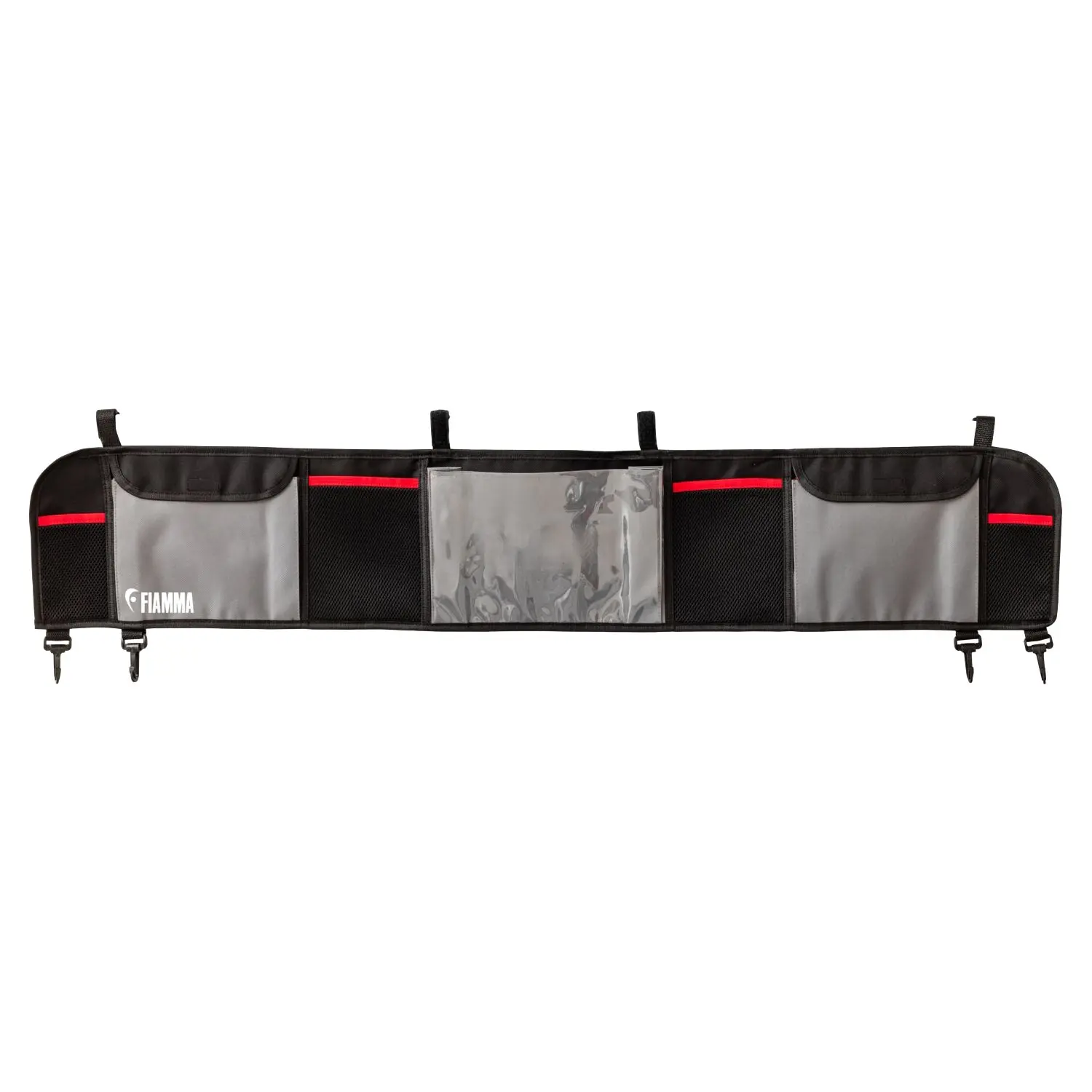 Schwarzer langer Organizer mit roten Akzenten und grauen Paneelen, zentrale transparente Tasche, Mesh- und Netztaschen, Metallhakenenden, FIAMMA-Logo