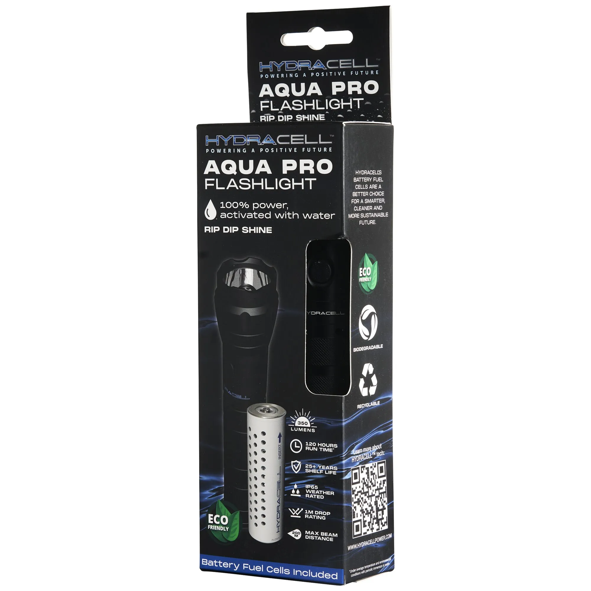 Schwarze Hydracell AQUA PRO Taschenlampe in Verpackung mit sichtbarer Brennstoffzelle und Angaben zu 350 Lumen und IP65-Schutz