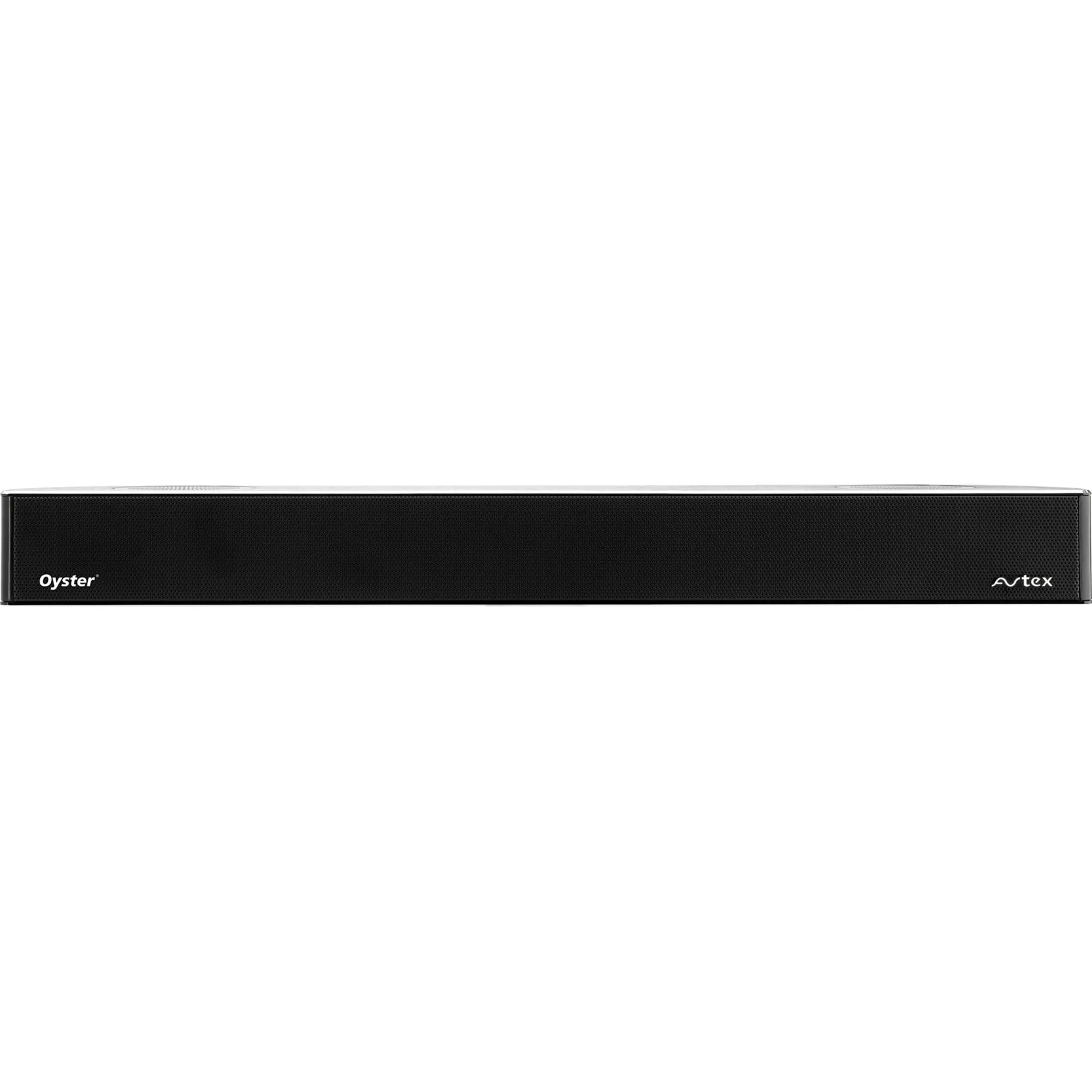 Schwarze Oyster® Soundbar mit langem, rechteckigem Gehäuse und durchgehendem Lautsprechergitter, Avtex-Logo rechts