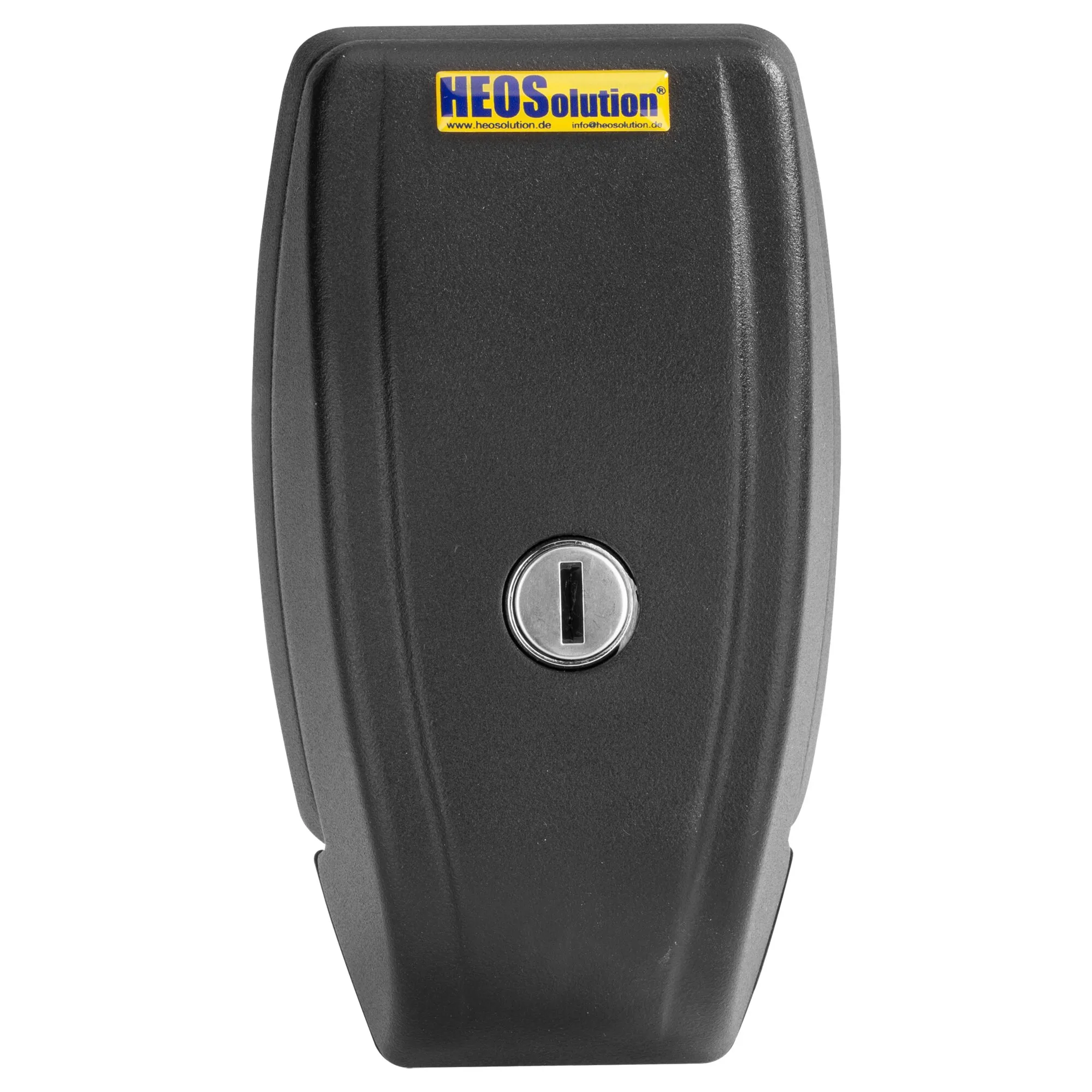 Schwarzes HEOSafe Sicherheitsschloss mit rechteckigem Gehäuse, rundem Schließzylinder und NEOSolution-Logo, für Fiat Ducato ab 09/2021