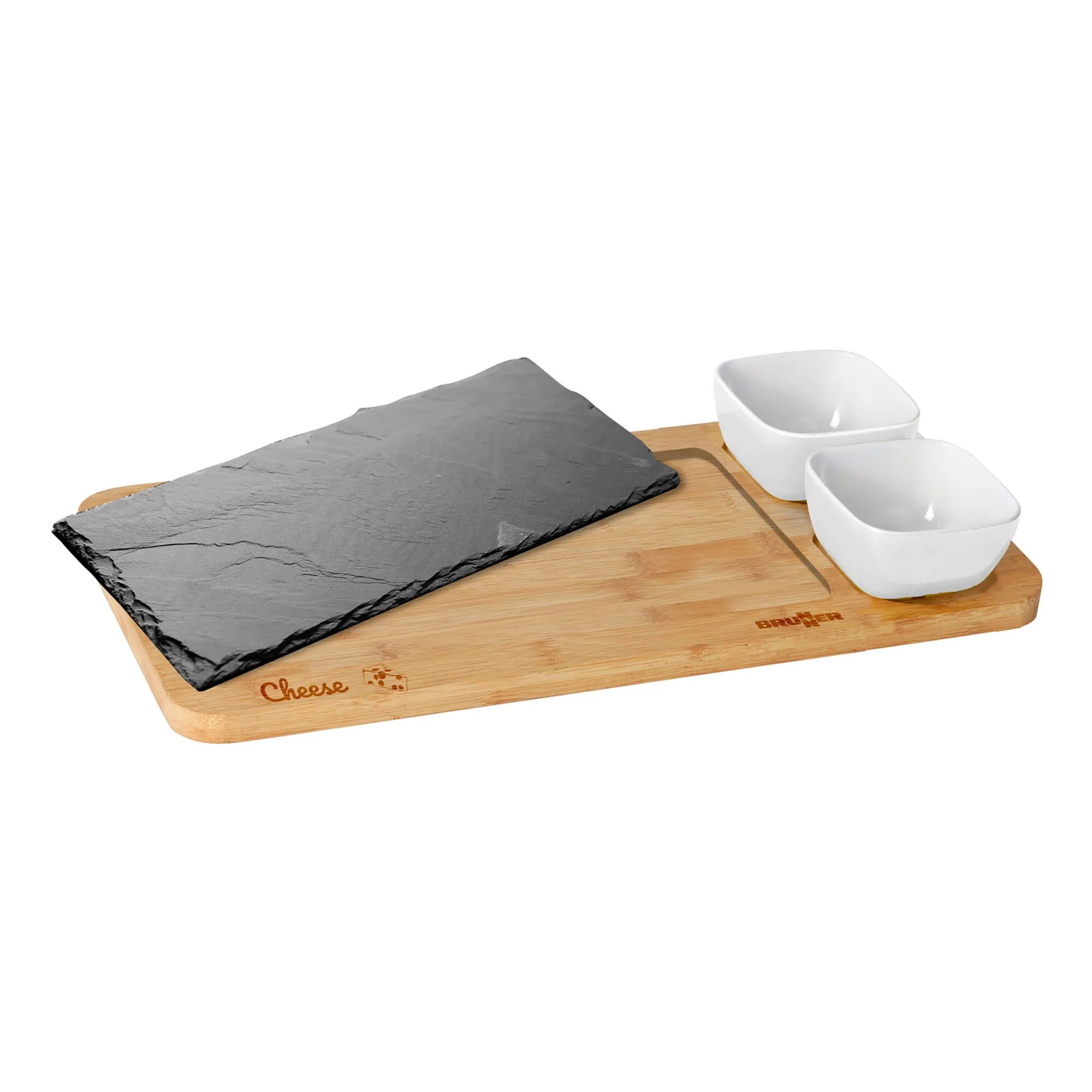 Vier­teiliges Käse-Set aus Bambusholz mit schwarzer Schieferplatte und zwei weißen Keramikschalen, Marke Brunner visible?
