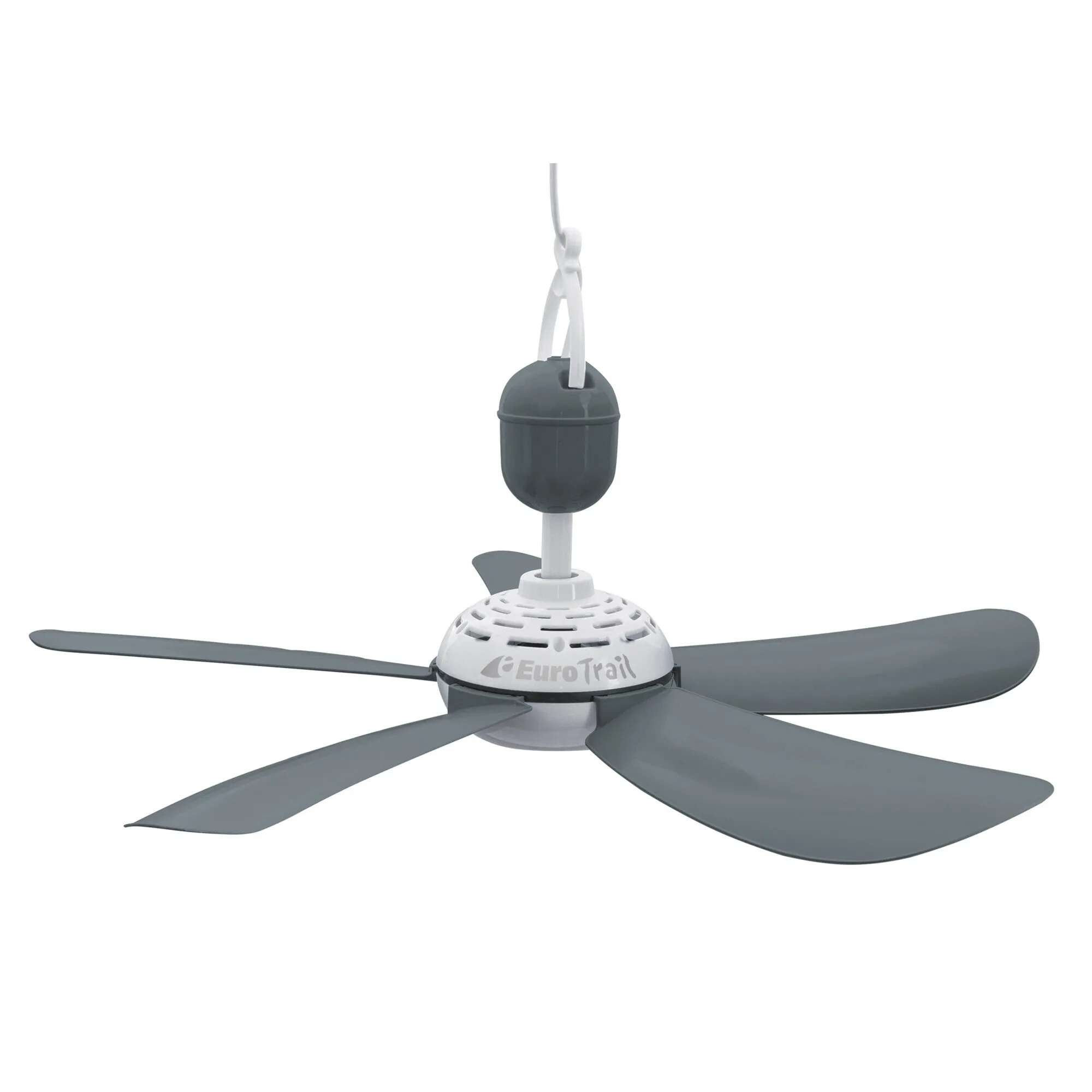 Grauer Deckenventilator mit fünf breiten Rotorblättern, weißem Motorengehäuse und Aufhängung von EuroTrail