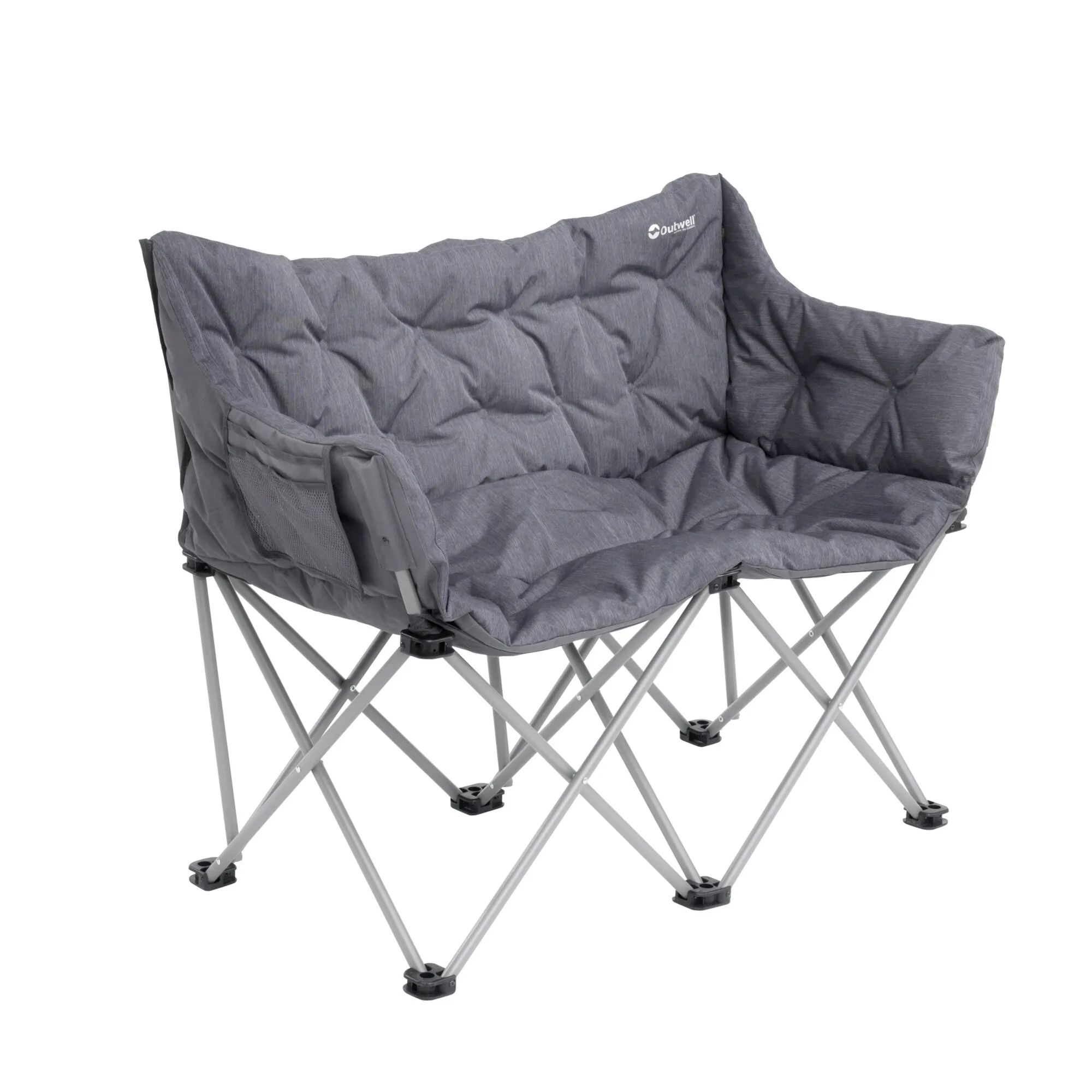 Graues gepolstertes Lake Sofa mit hoher Rückenlehne, Armlehnen und klappbarem Aluminiumgestell mit Standfüßen