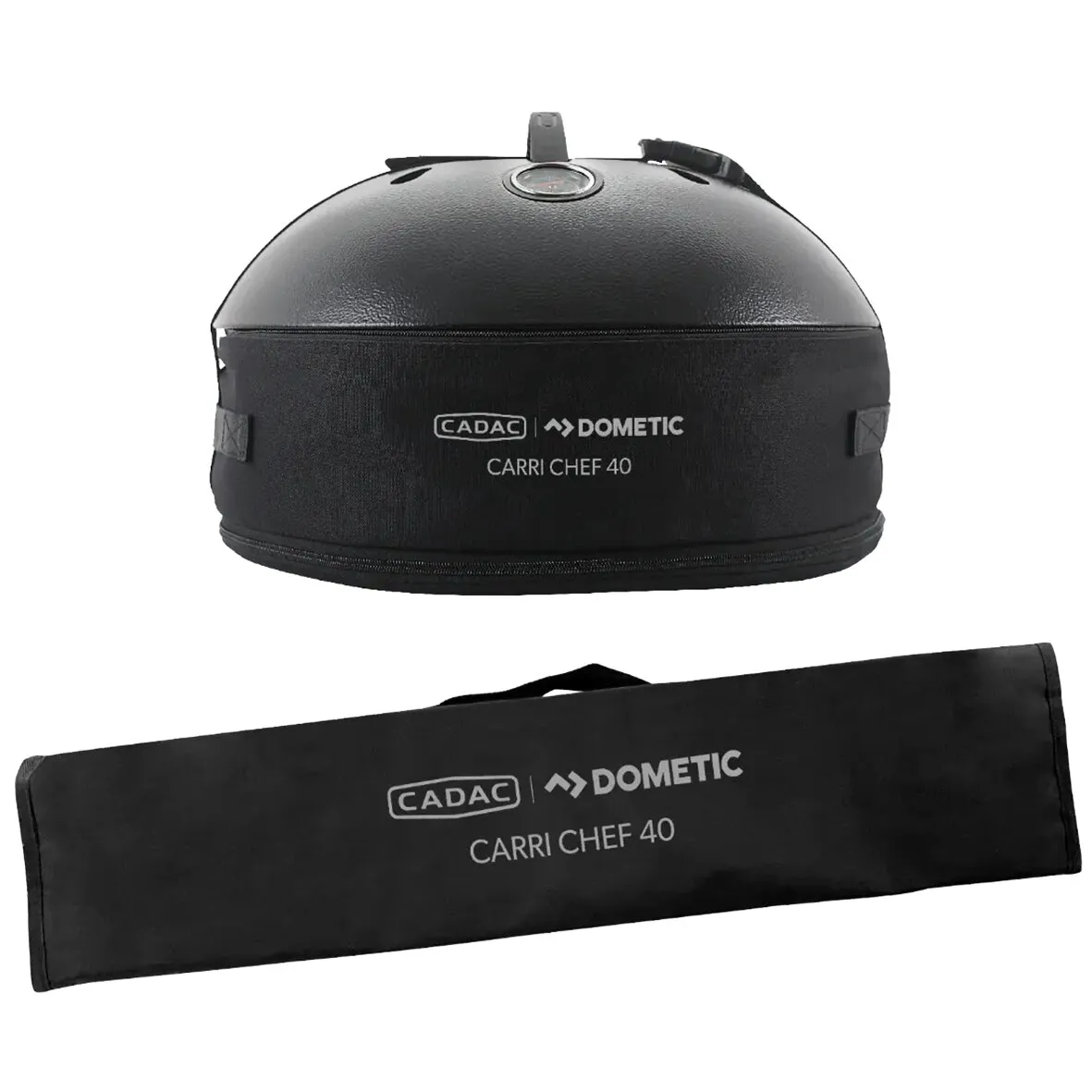 Schwarzer Gasgrill CADAC Dometic Carri Chef 40 mit Deckel, Thermometer und passender Tragetasche