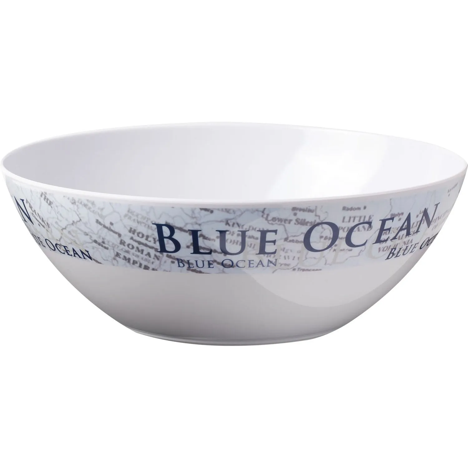 Weiße, runde Schüssel der Geschirrserie Blue Ocean mit breitem Rand und blau-grauem Kartenmuster mit Schriftzug BLUE OCEAN