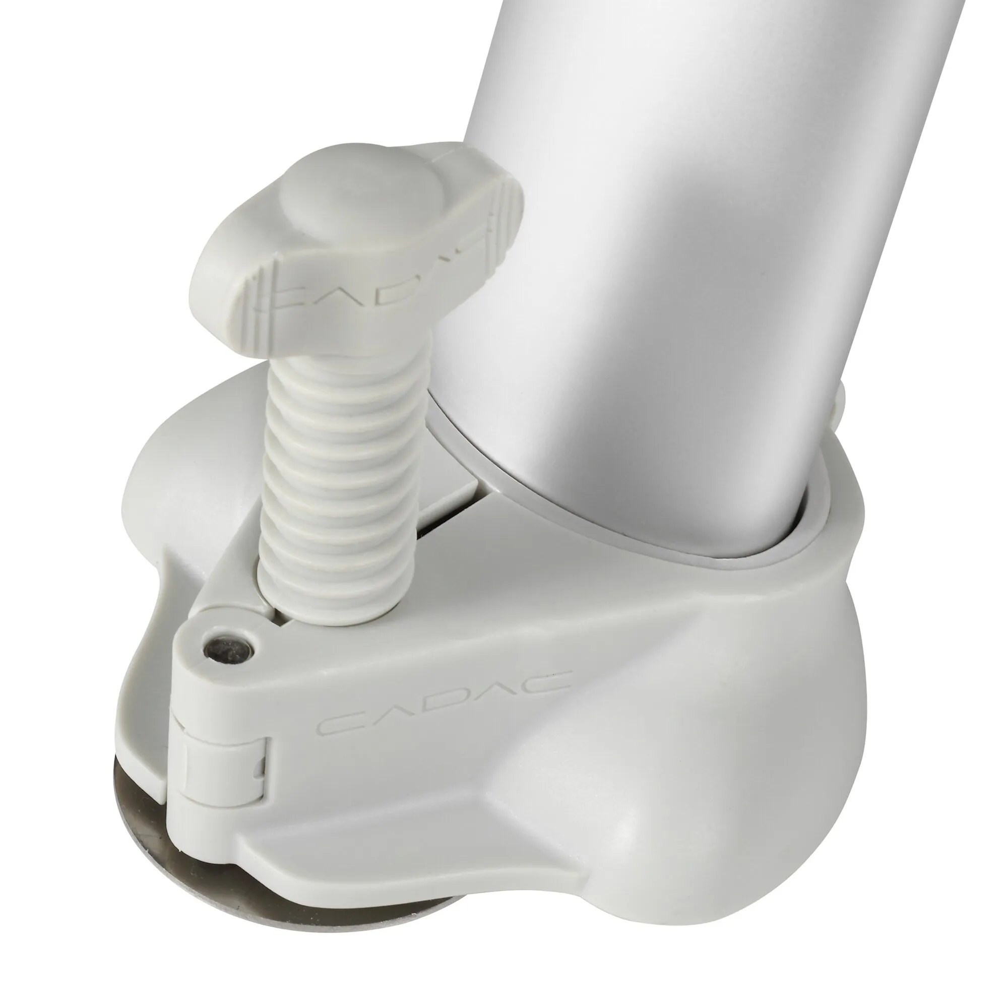 Weißer Beinadapter Leg Leveller von Grillo Chef mit Gewinde, Drehknopf und breiter Standplatte in Detailansicht