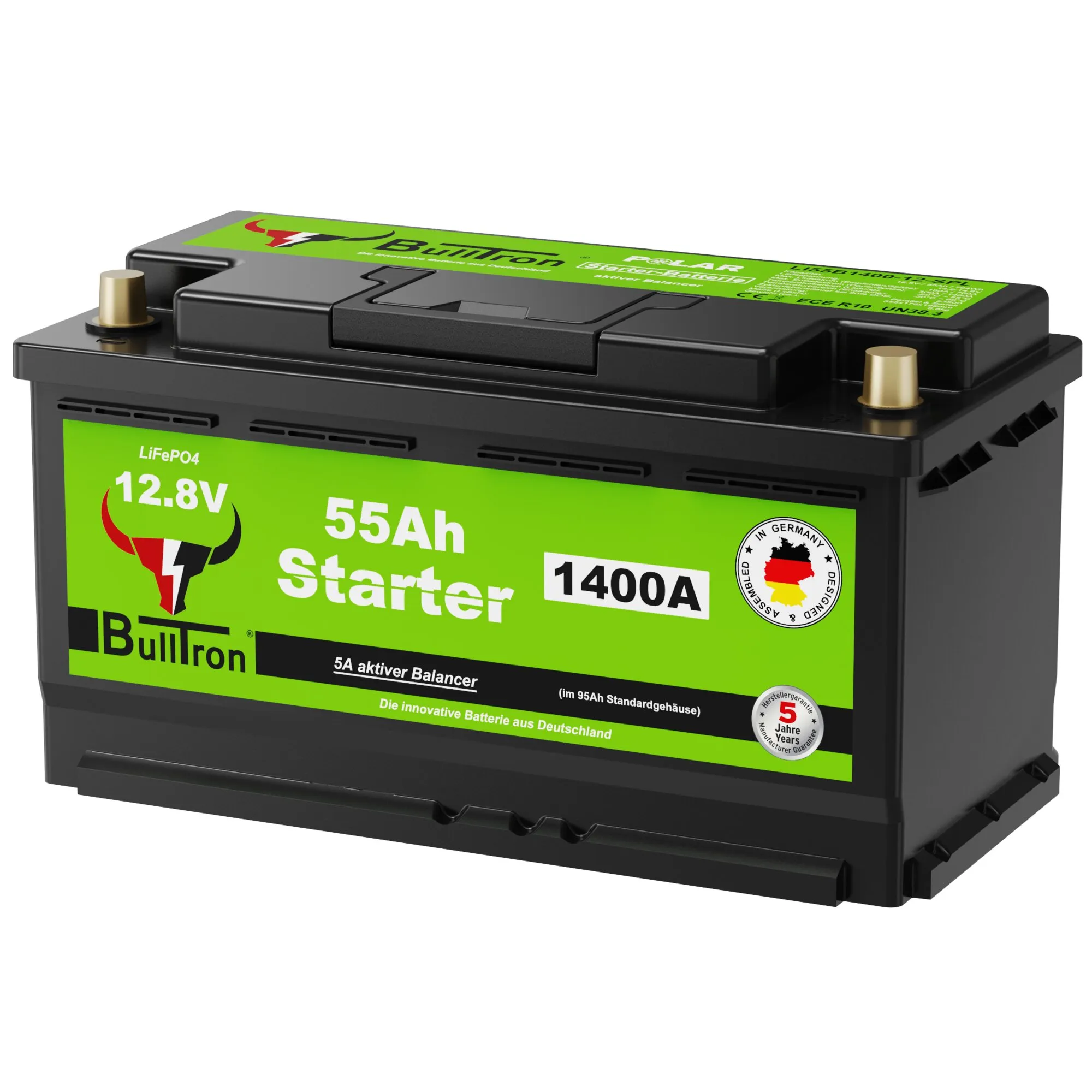 Schwarze Bulltron Lithium-Starterbatterie L5 mit 55 Ah, 12,8 V, 1400 A und zwei goldfarbenen Anschlüssen
