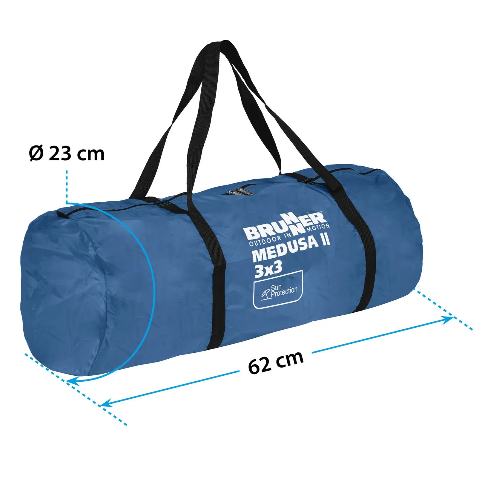 Blauer Transportbeutel des Leichtpavillons Brunner Medusa II mit Tragegriffen, 62 cm Länge und 23 cm Durchmesser