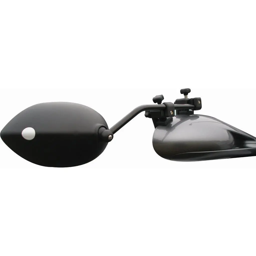 Caravanspiegel Aero 4 Mirror Flat: zwei schwarze tropfenförmige Spiegelgehäuse an einer gebogenen Halterung mit Schrauben und Verstellknopf