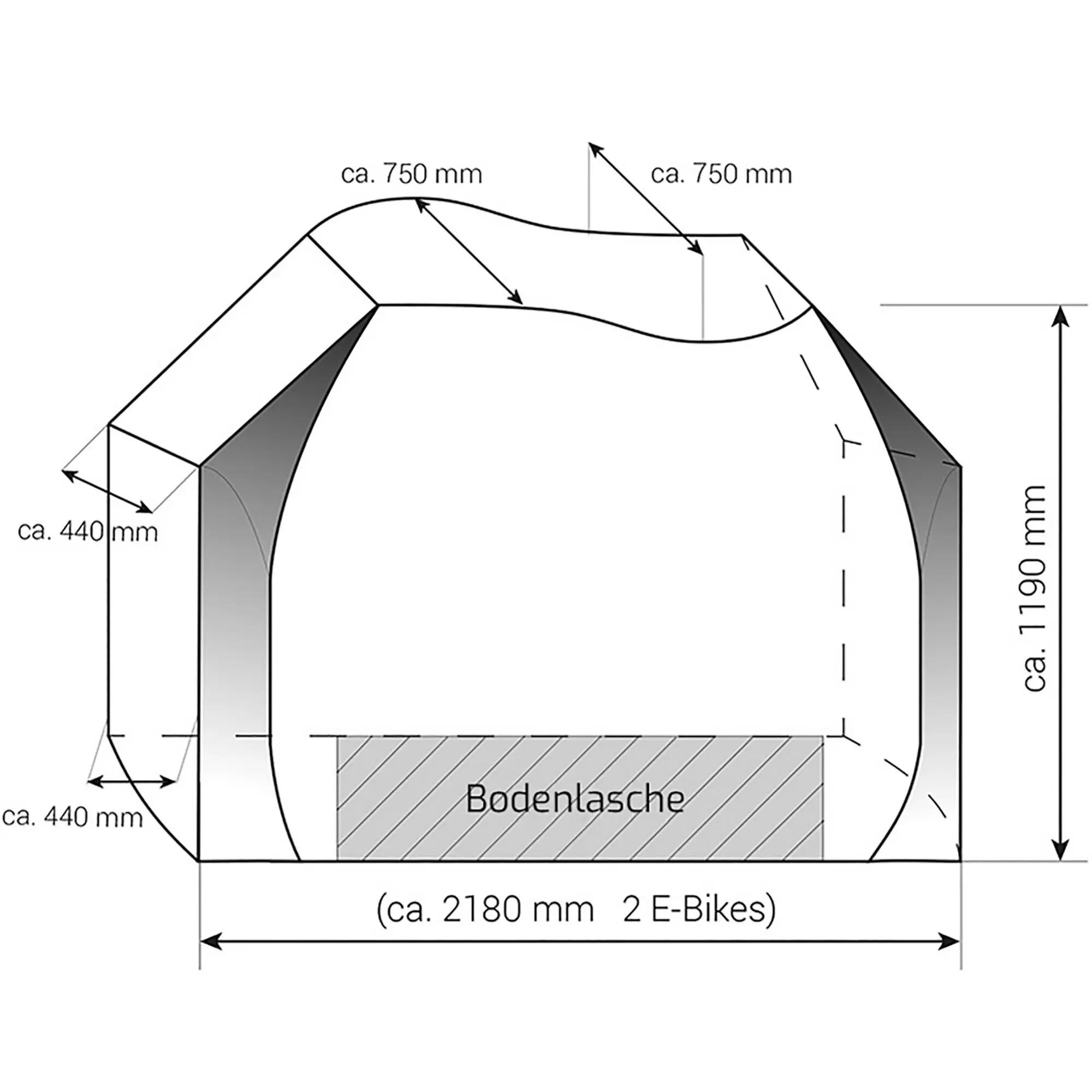 Technische Zeichnung einer Fahrradschutzhülle Professional mit Bodenlasche Abmessungen: Breite ca. 2180 mm für zwei E-Bikes, Höhe 1190 mm