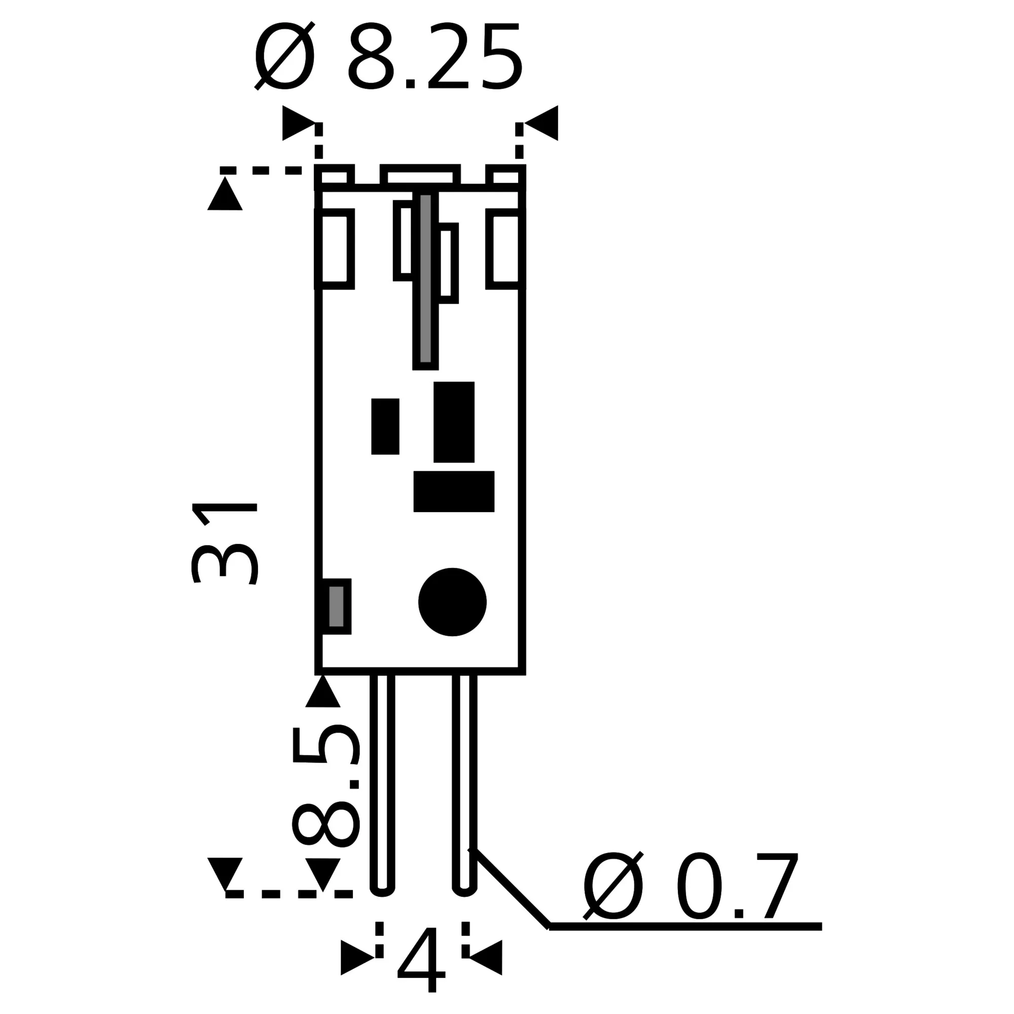 Technische Maßzeichnung eines G4-LED-Leuchtmittels mit 0,60 W, 8,25 mm Durchmesser, 31 mm Länge und 4 mm Pinabstand