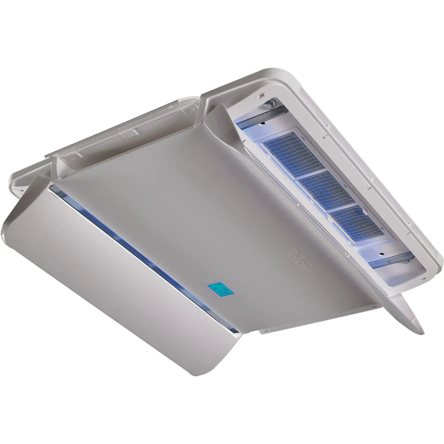 Telair Clima e-Van 3 7400H Klimaanlage, weißes Gehäuse, geöffnetes Frontpanel mit blauen Filtergittern und Display, Perspektive von unten