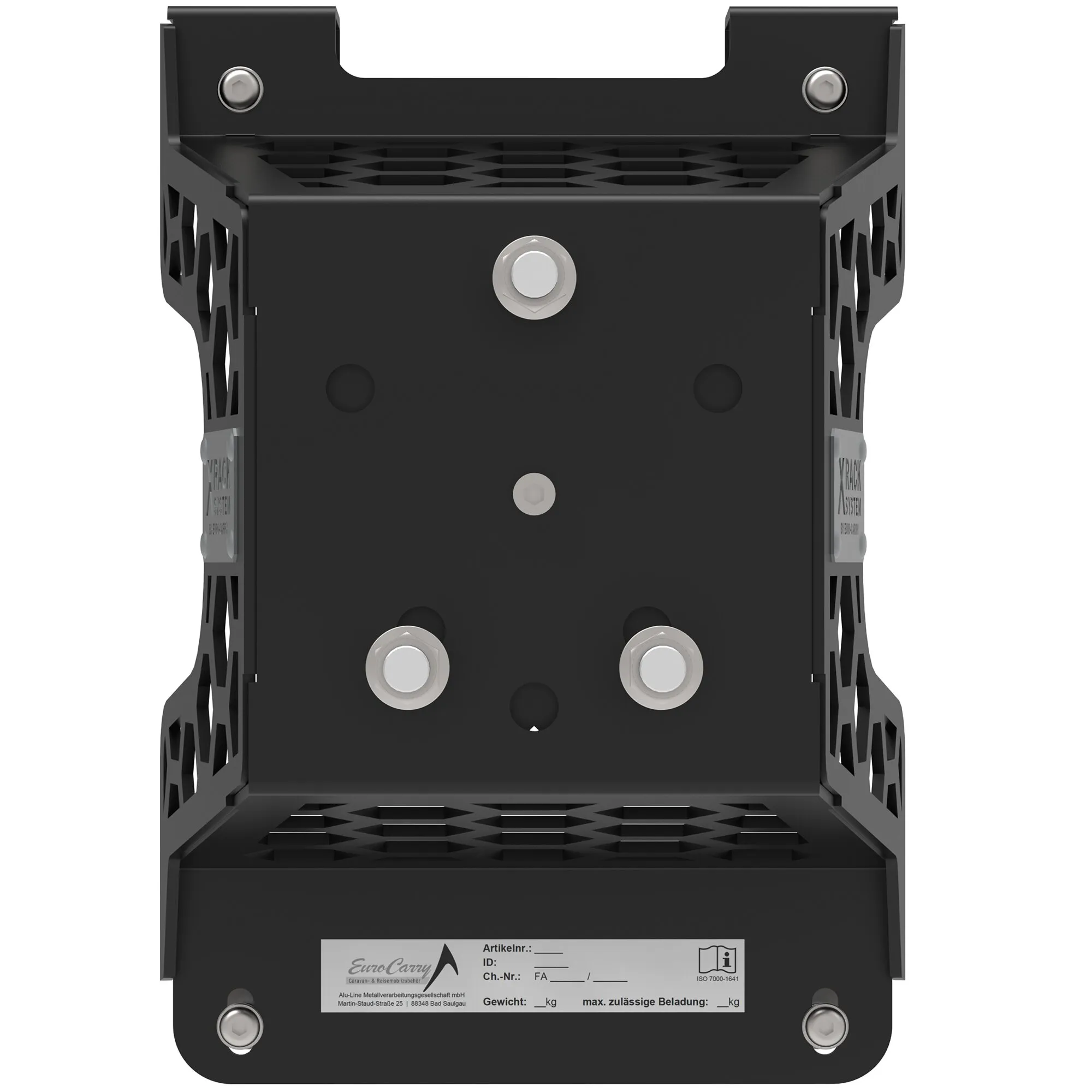 Reserveradhalter X-Rack Wheel aus schwarzem Metall mit Befestigungsbohrungen, Schrauben und gelochten Seitenteilen