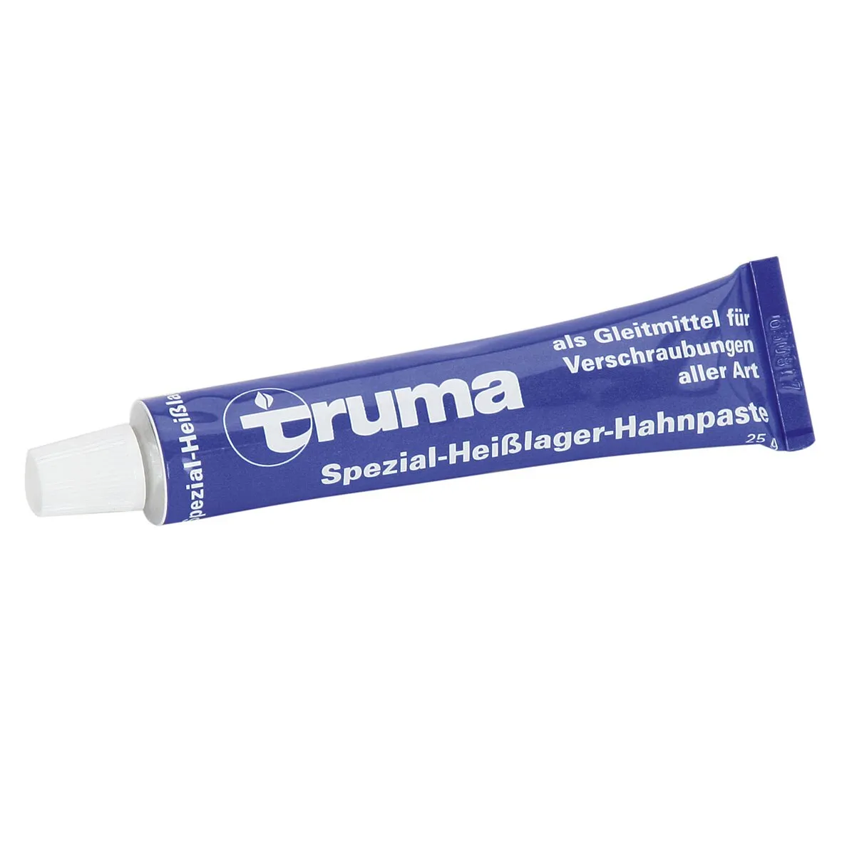 Blaue Truma Spezial-Heißlager-Hahnpaste als 25-g-Tube mit weißem Schraubverschluss und Aufdruck für Verschraubungen