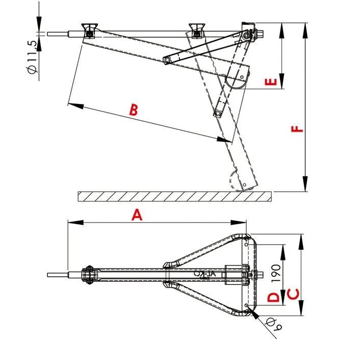 Technische Zeichnung der Steckstütze Compact 800 S in Seiten- und Draufsicht mit Maßangaben A bis F und Ø 9–11,5 mm
