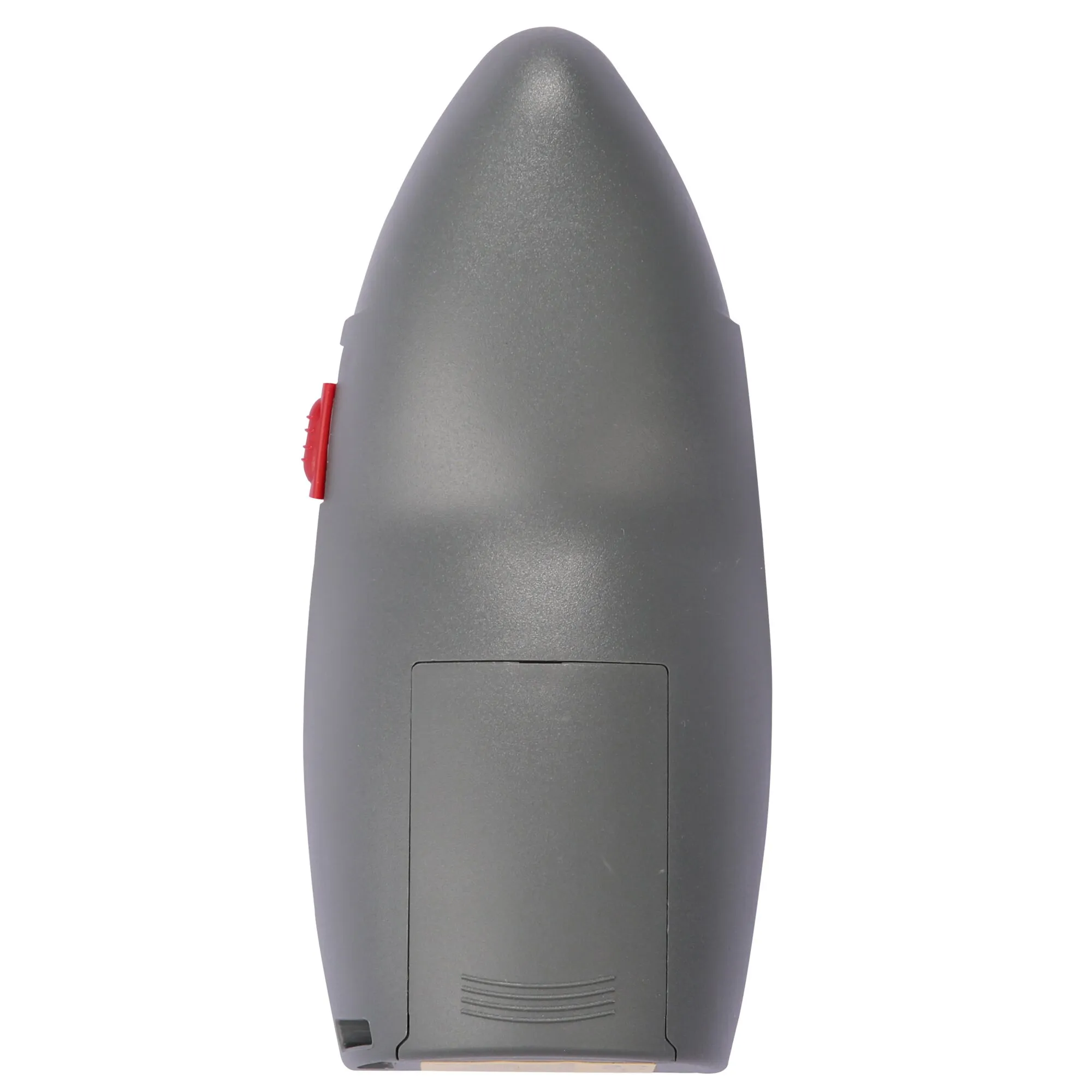 Rückseite der schwarzen Fernbedienung SE/SER mit ergonomischer, abgerundeter Form, roter Seitentaste und Batteriefachregler