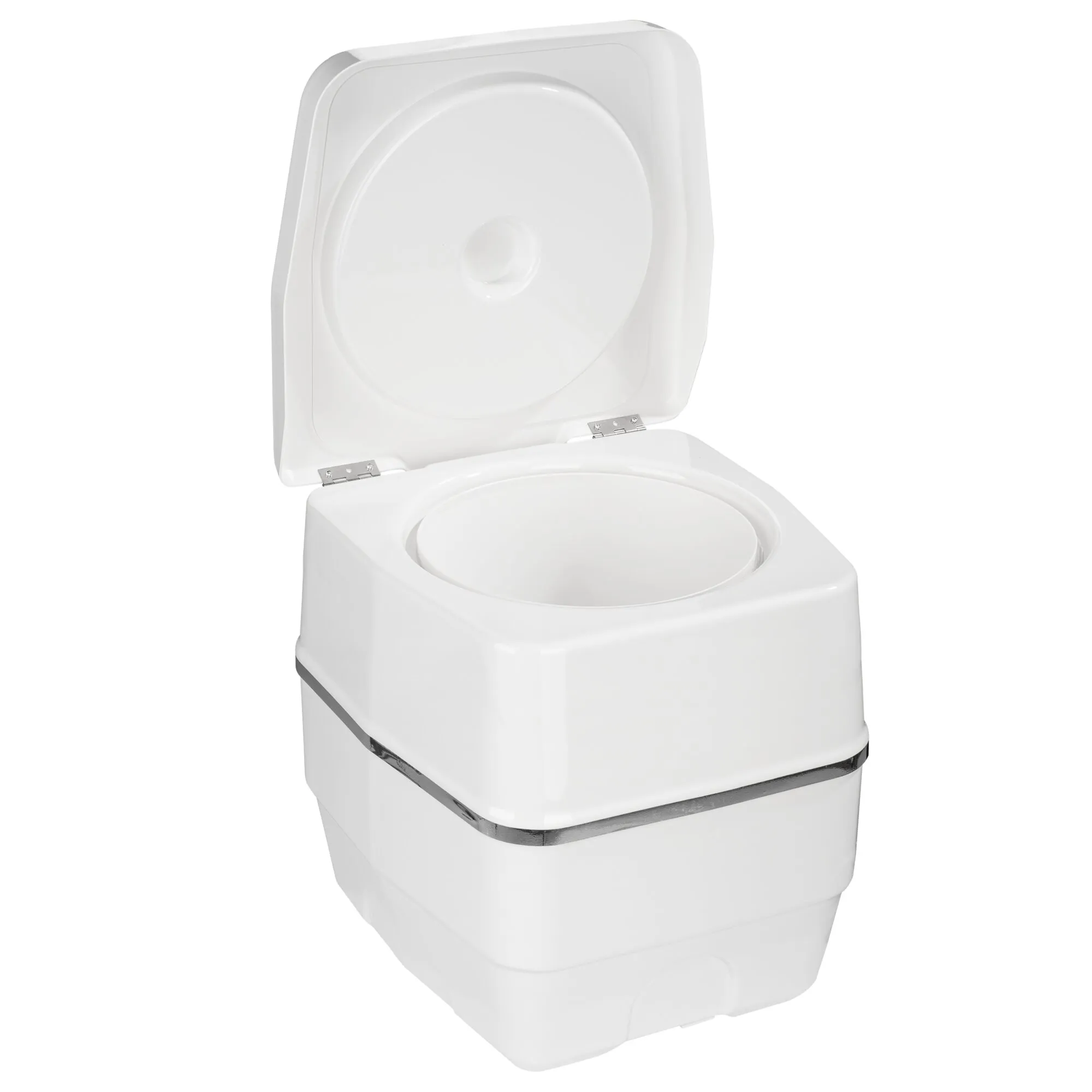 Weiße Trockentoilette Cactus® mit geöffnetem Deckel, ovaler Sitzöffnung und zweiteiligem Behälter mit umlaufender Dichtung