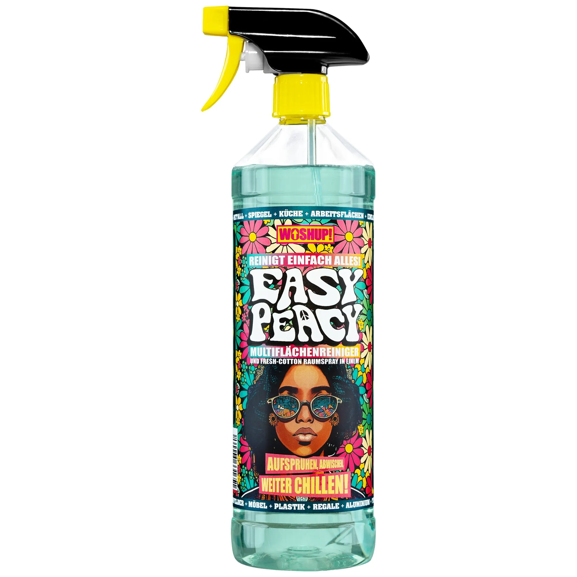 Transparente 1-Liter-Sprühflasche mit türkisfarbenem Multiflächenreiniger Easy Peacy, schwarzem und gelbem Sprühkopf sowie buntem Blumenetikett