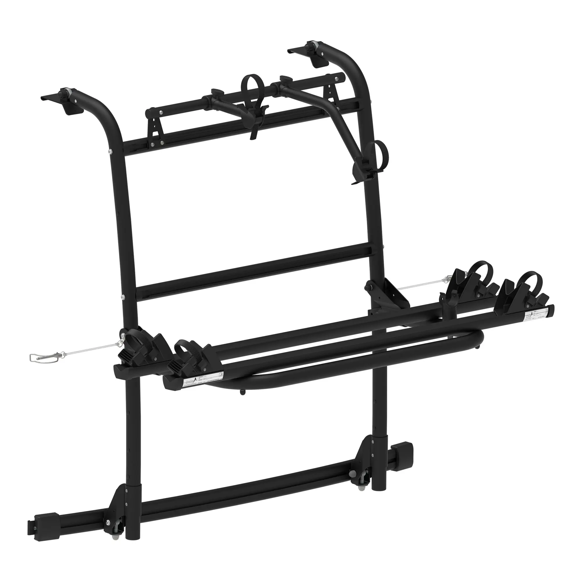 Schwarzer Fahrradheckträger Adventure Rack VW T5, 2, mit zwei gebogenen Oberarmen, Halteklammern, Spanngurt und Radaufnahmen am Unterrahmen