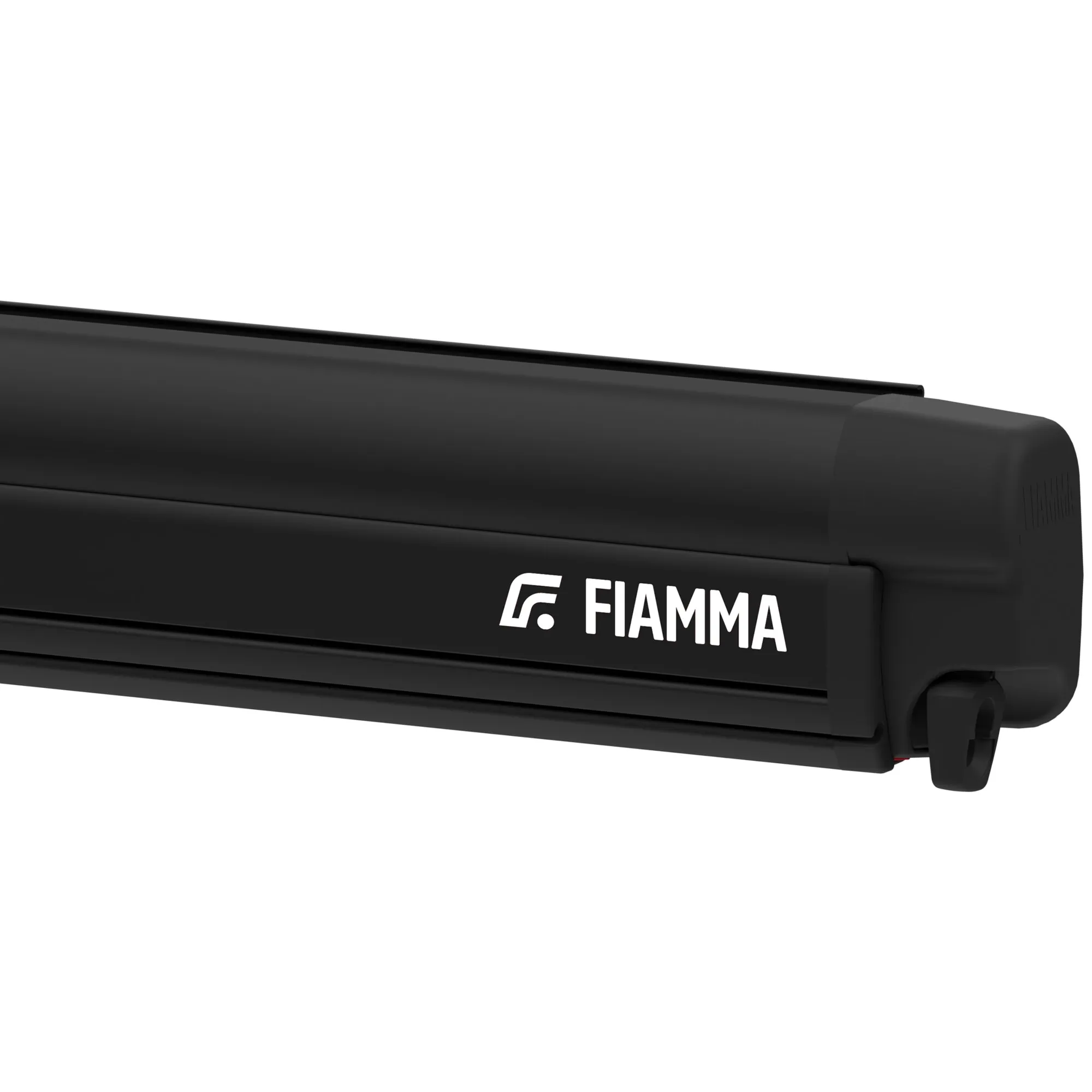 Nahaufnahme einer schwarzen Markisenkassette mit FIAMMA-Logo, sichtbar ist das flache Gehäuseprofil und die runde Endkappe am Rand