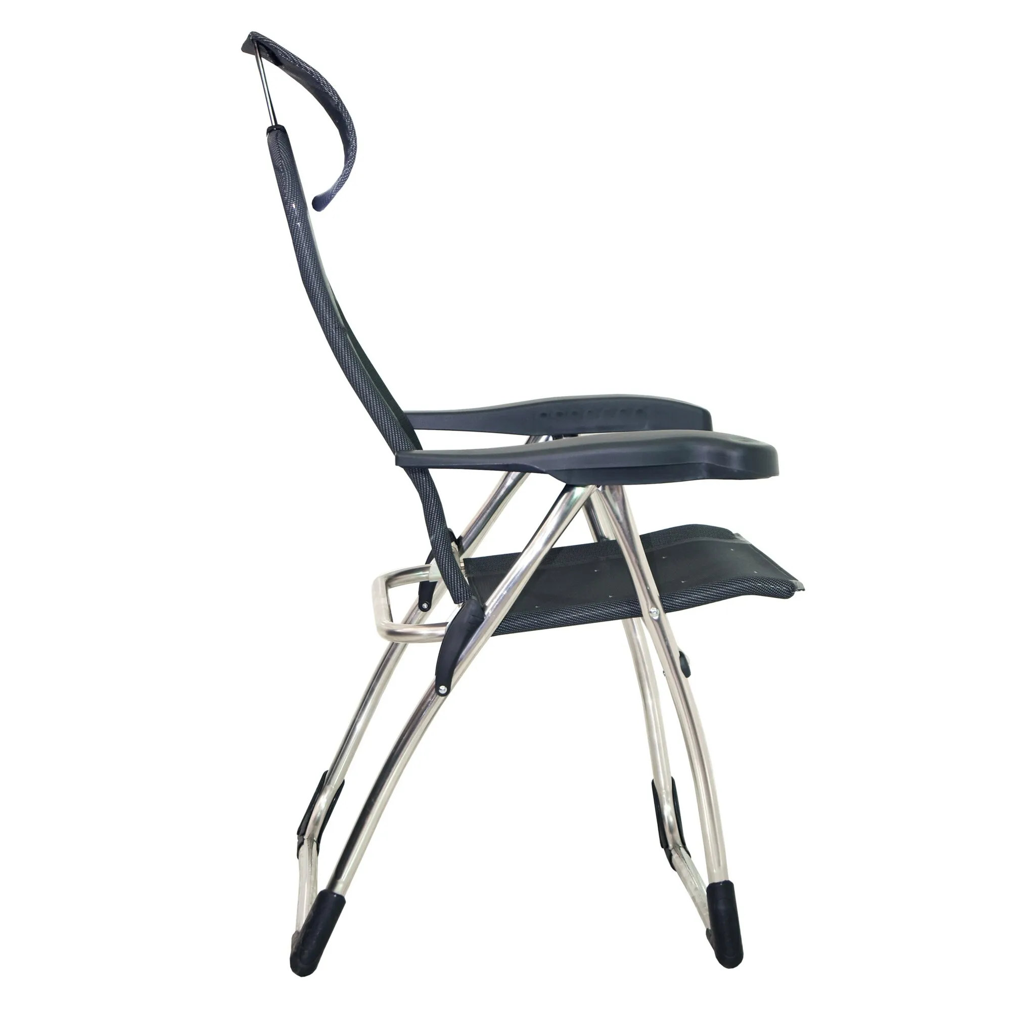 Campingstuhl XS AL/215 Compact in Seitenansicht mit schwarzer Sitz- und Rückenfläche, Armlehnen und glänzendem Aluminiumgestell