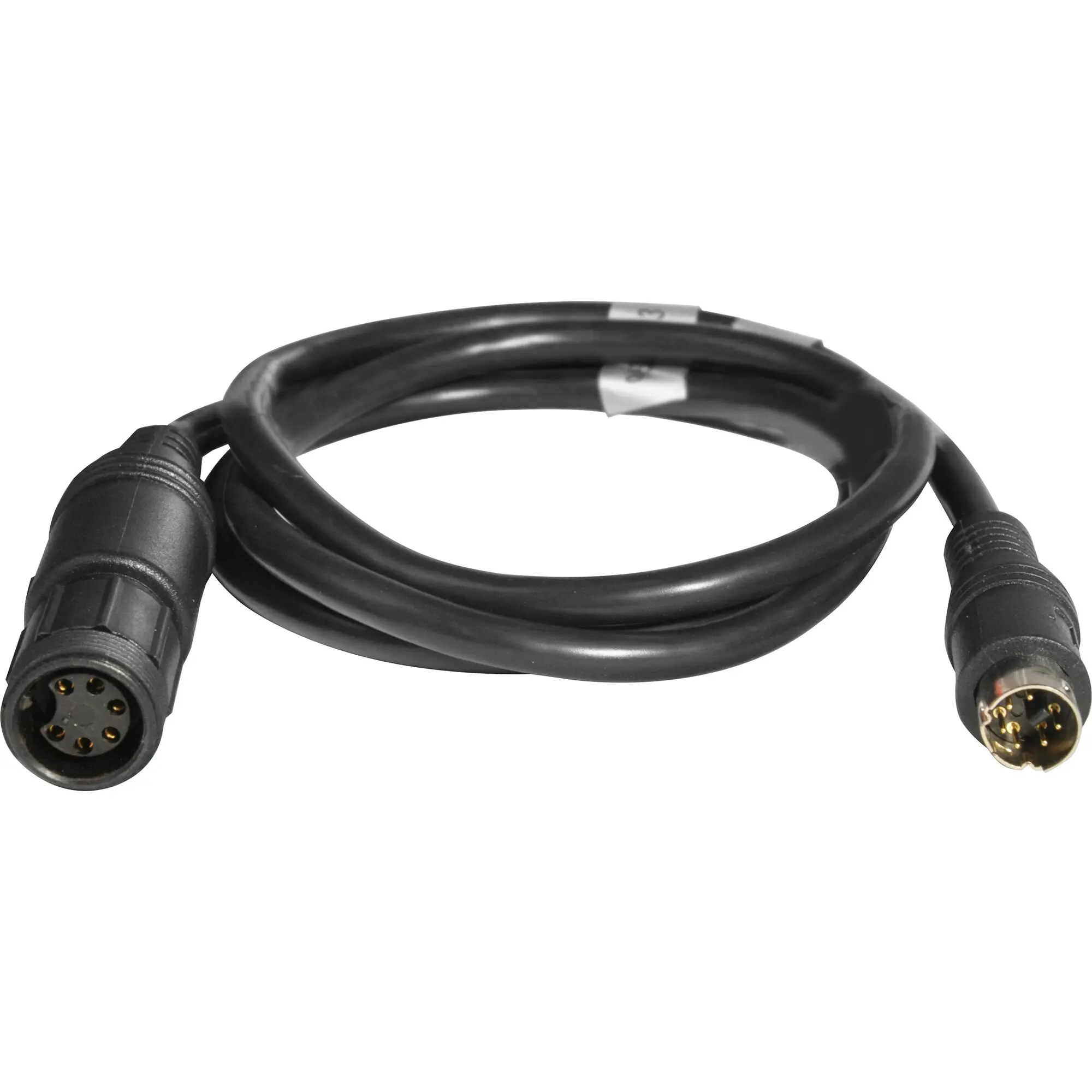 Schwarzes Adapterkabel mit zwei runden Mehrpin-Steckern an beiden Enden, sichtbare goldene Kontakte, Kabel locker aufgewickelt