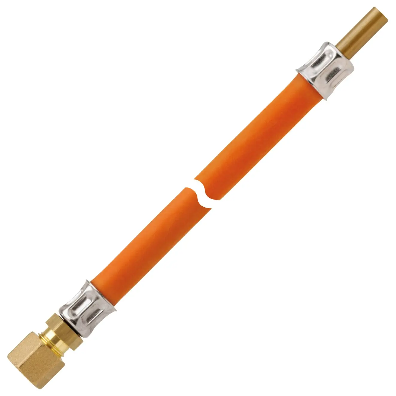 Orange Gas-Hochdruckschlauchleitung mit Messinganschlüssen und Edelstahl-Presshülsen, RVS 8 x RST 8, 800 mm lang