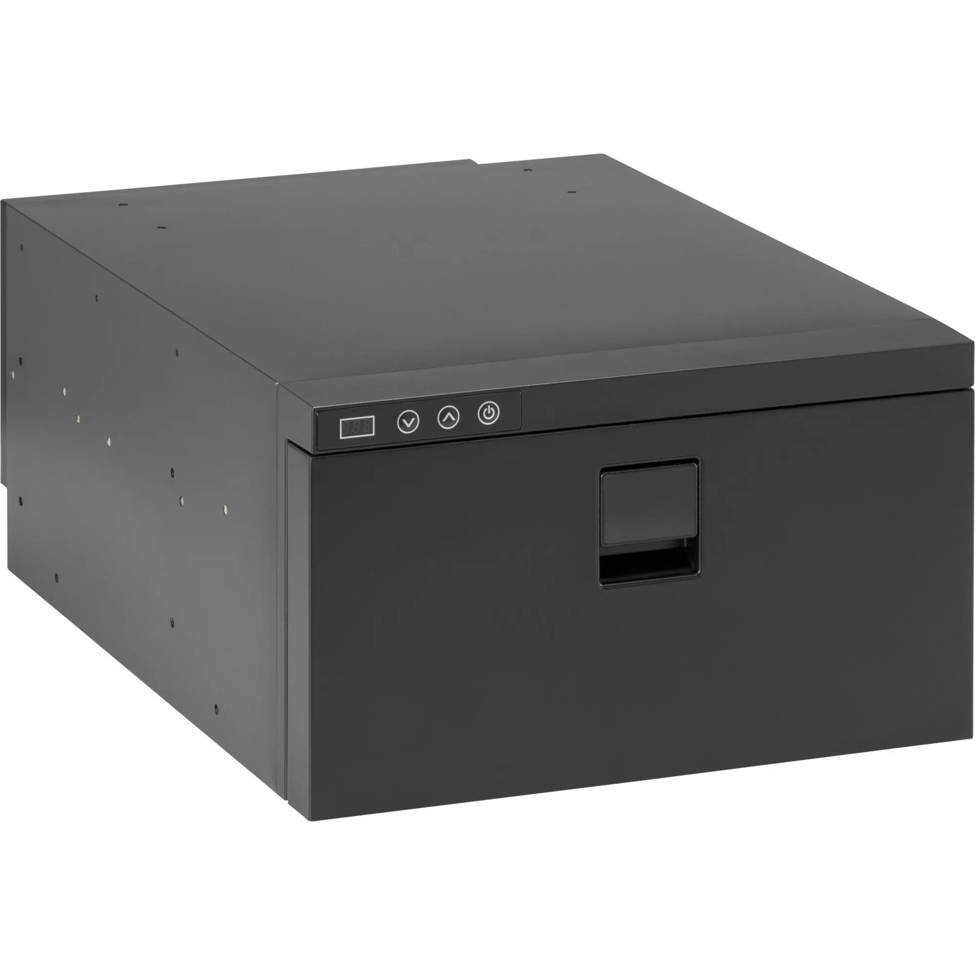Schwarze Kühlbox TB indelB mit 30 Litern Fassungsvermögen, Bedienfeld mit Display und Frontgriff in perspektivischer Ansicht