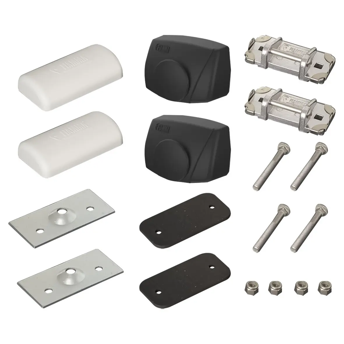 Oberes Befestigungskit M6 x 50 mit zwei weißen Abdeckkappen, zwei schwarzen Gehäusekappen, Metallplatten, Schrauben und Muttern