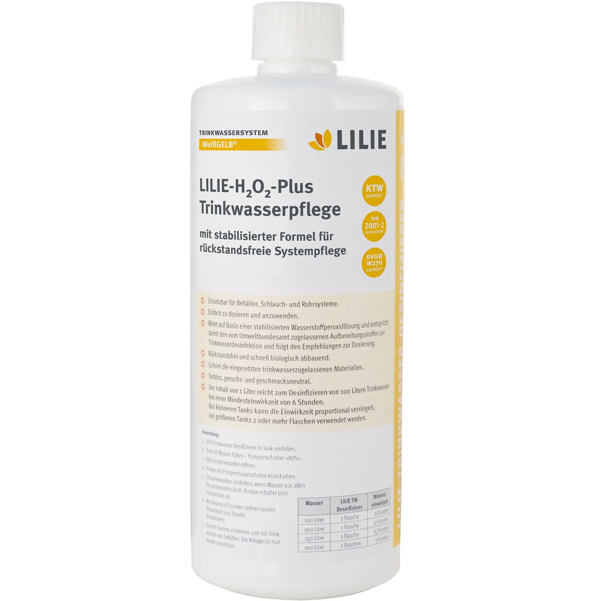 Weiße Flasche LILIE-H₂O₂-Plus zur Trinkwasserpflege und Desinfektion mit beschriftetem Etikett und Schraubverschluss