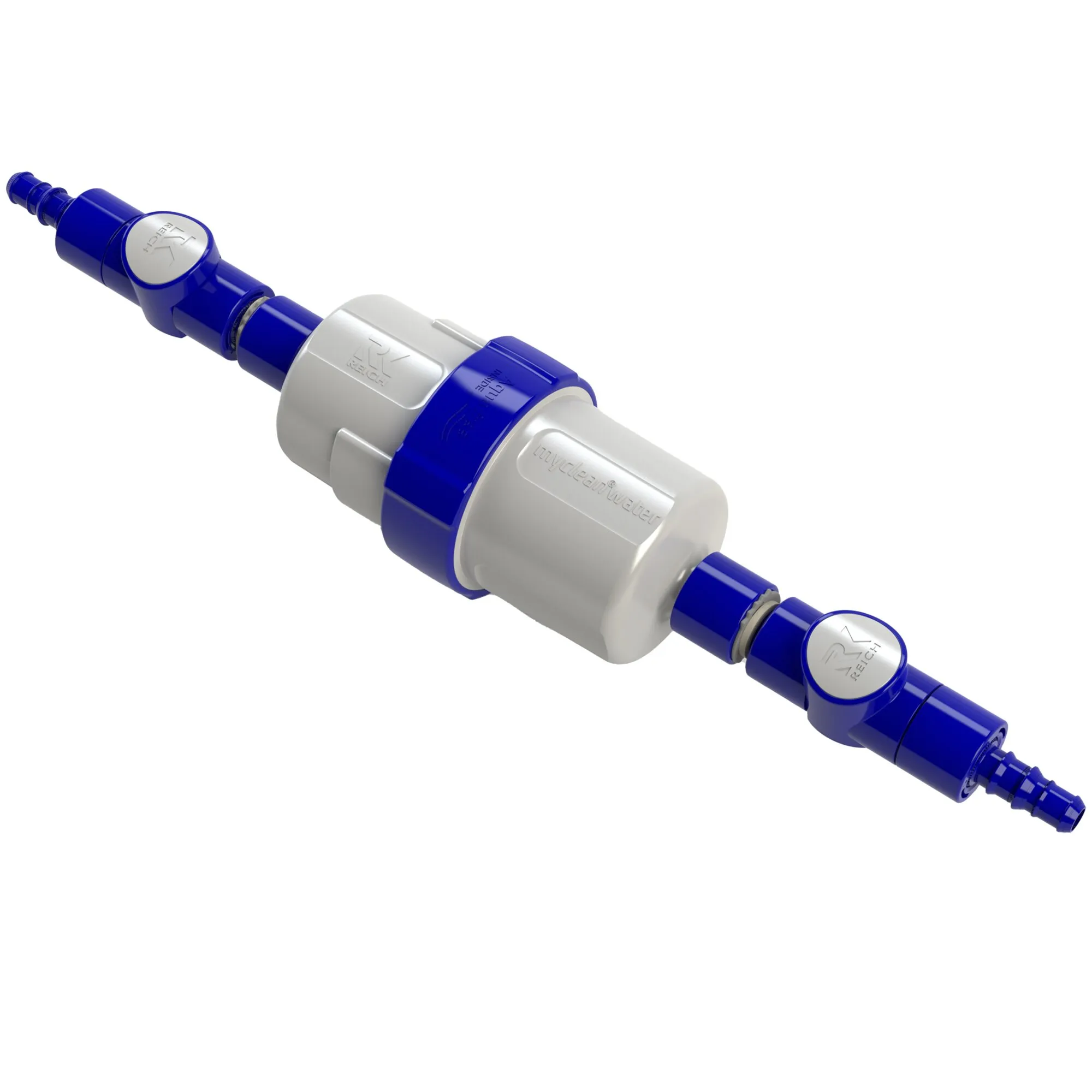 Blau-weißes myclean®water Wasserfilter-Einbauset mit zentralem Filtergehäuse und geraden Schlauchanschlüssen an beiden Enden