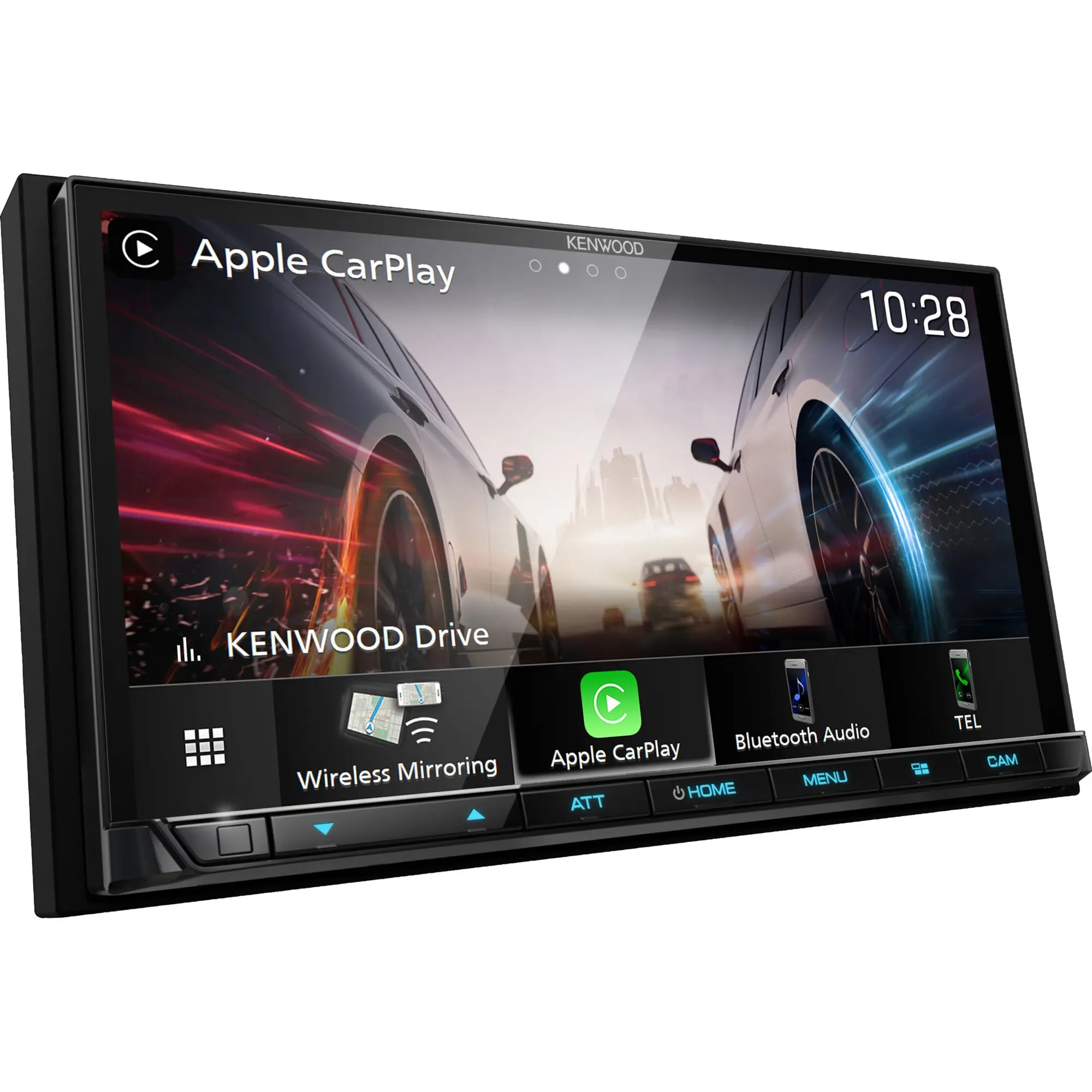 Schräg stehender Kenwood Moniceiver DMX8021DABS mit großem Touchscreen, zeigt Apple CarPlay und Kenwood-Logo, Zeit 10:28, App-Symbole unten