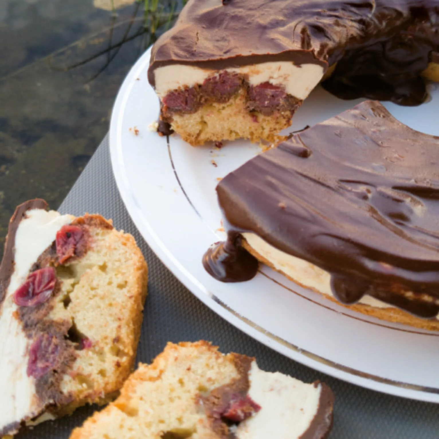 Schokoladenüberzogene Kuchenstücke mit heller Creme und Beerenfüllung auf einem weißen Teller, passend zum Backbuch Feine Leckereien Kuchen & Torten