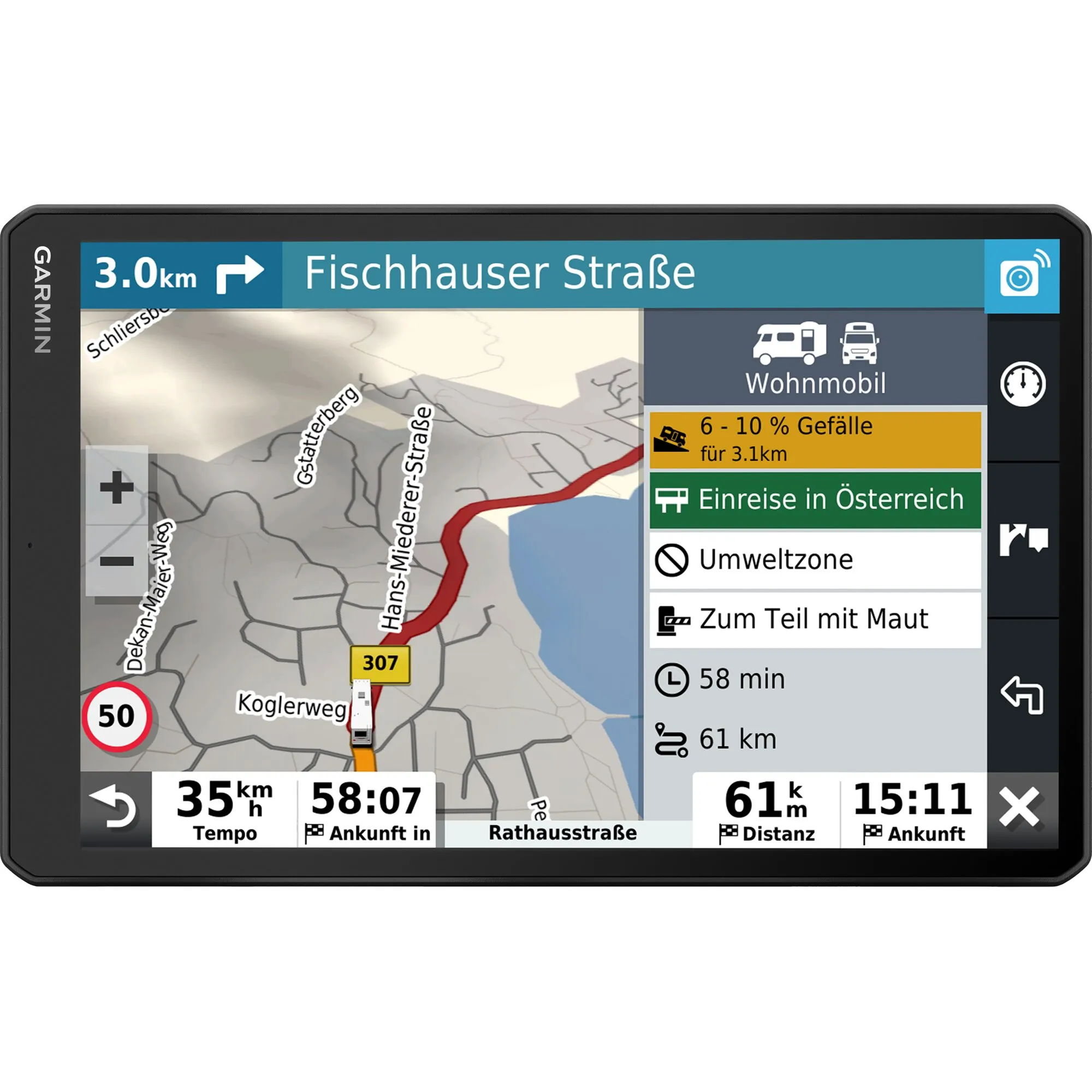 Garmin Camper 895 MT-D EU Navigationssystem mit schwarzem Gehäuse und Kartenansicht für Wohnmobile sowie Verkehrshinweisen