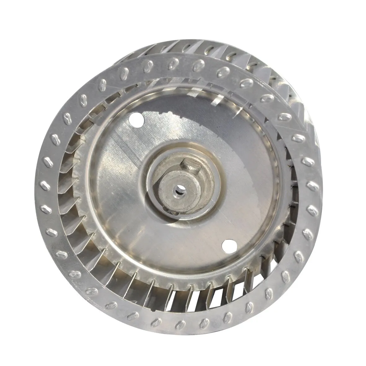 Silbernes Ventilatorrad 108X50R aus Metall mit radialen Schaufeln, zentraler Nabenöffnung und zwei Befestigungsbohrungen