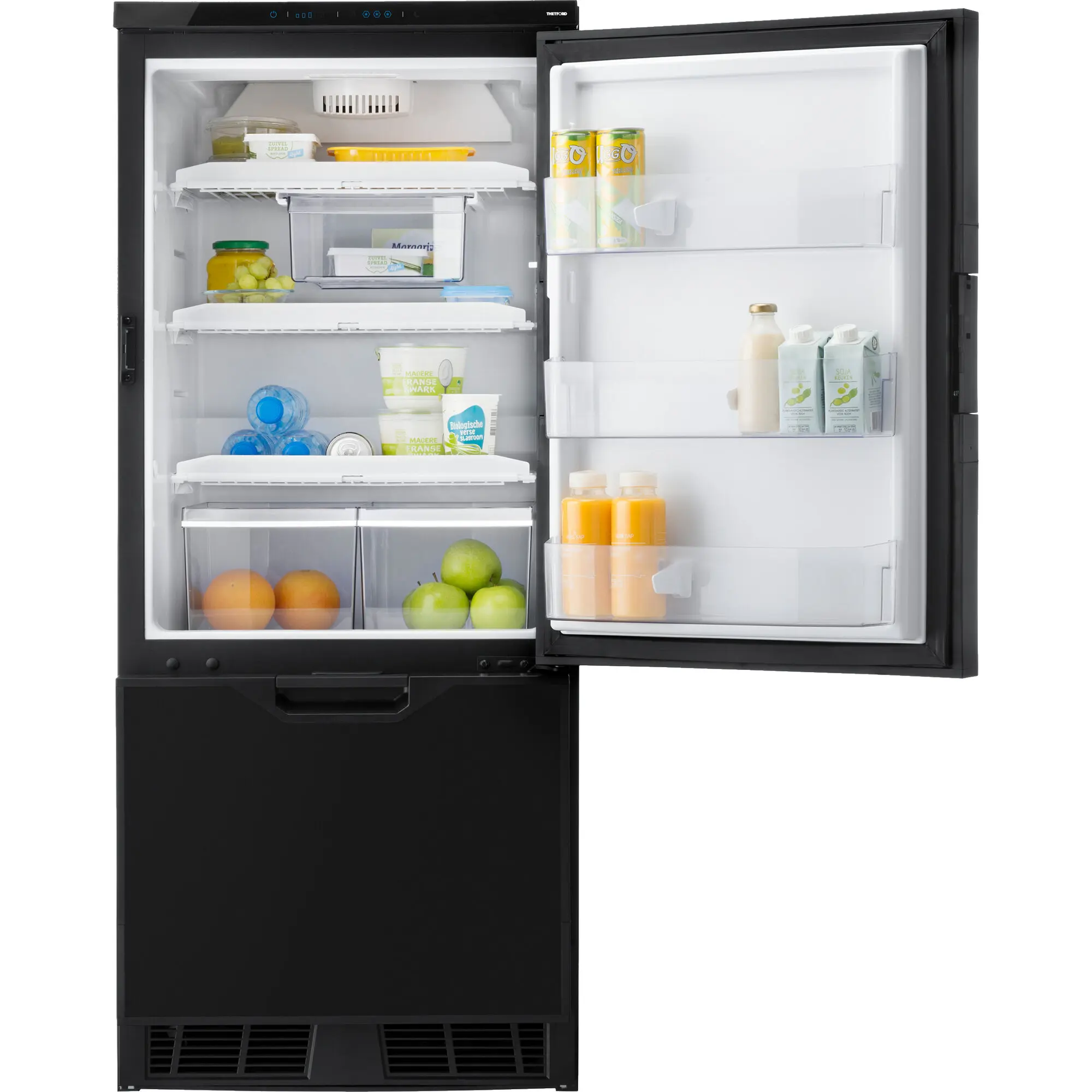 Offener Kühlschrank T2160, 12V, 158 l; linker Gefrierteil mit Eiswürfelfach und Obst, rechter Bereich mit Dosen, Saftkartons und Milch
