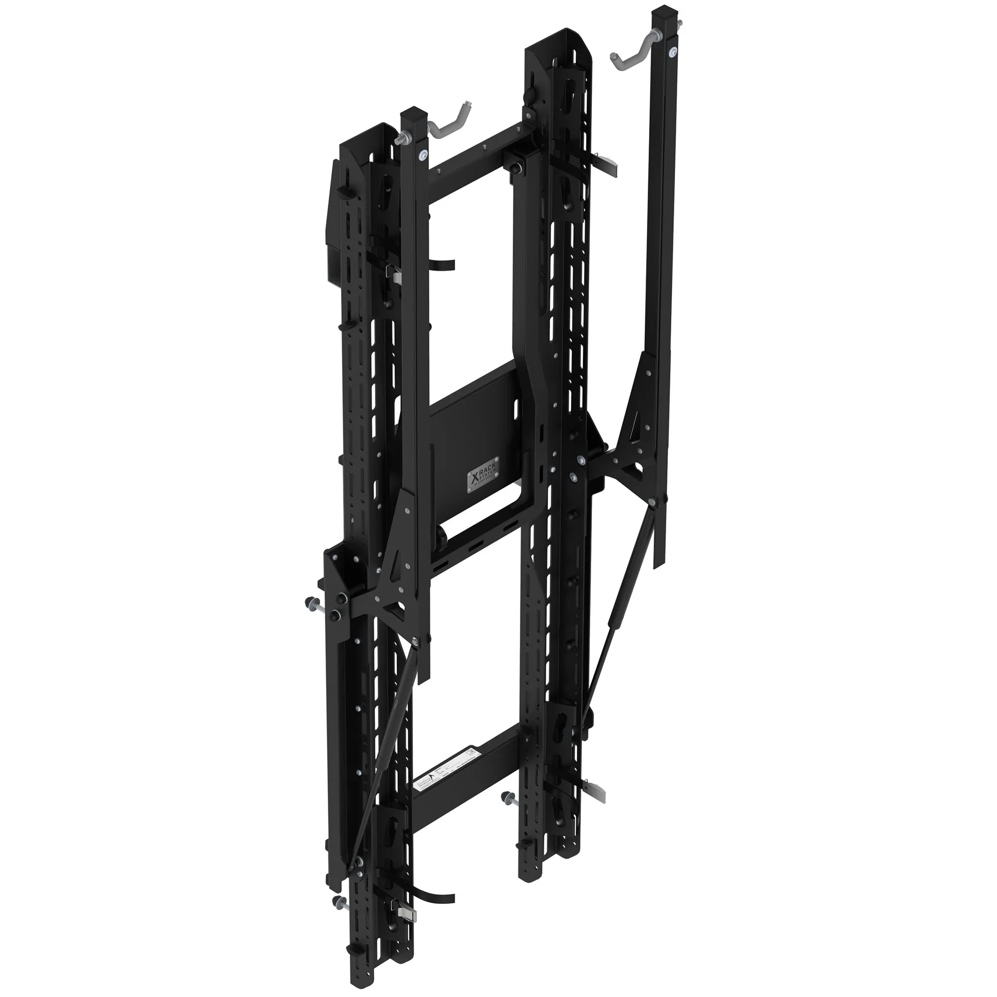 Schwarzes Trägersystem X-Rack Bike-Lift mit zwei vertikalen Fahrradschienen, Haltehaken und Gasdruckfedern in perspektivischer Ansicht