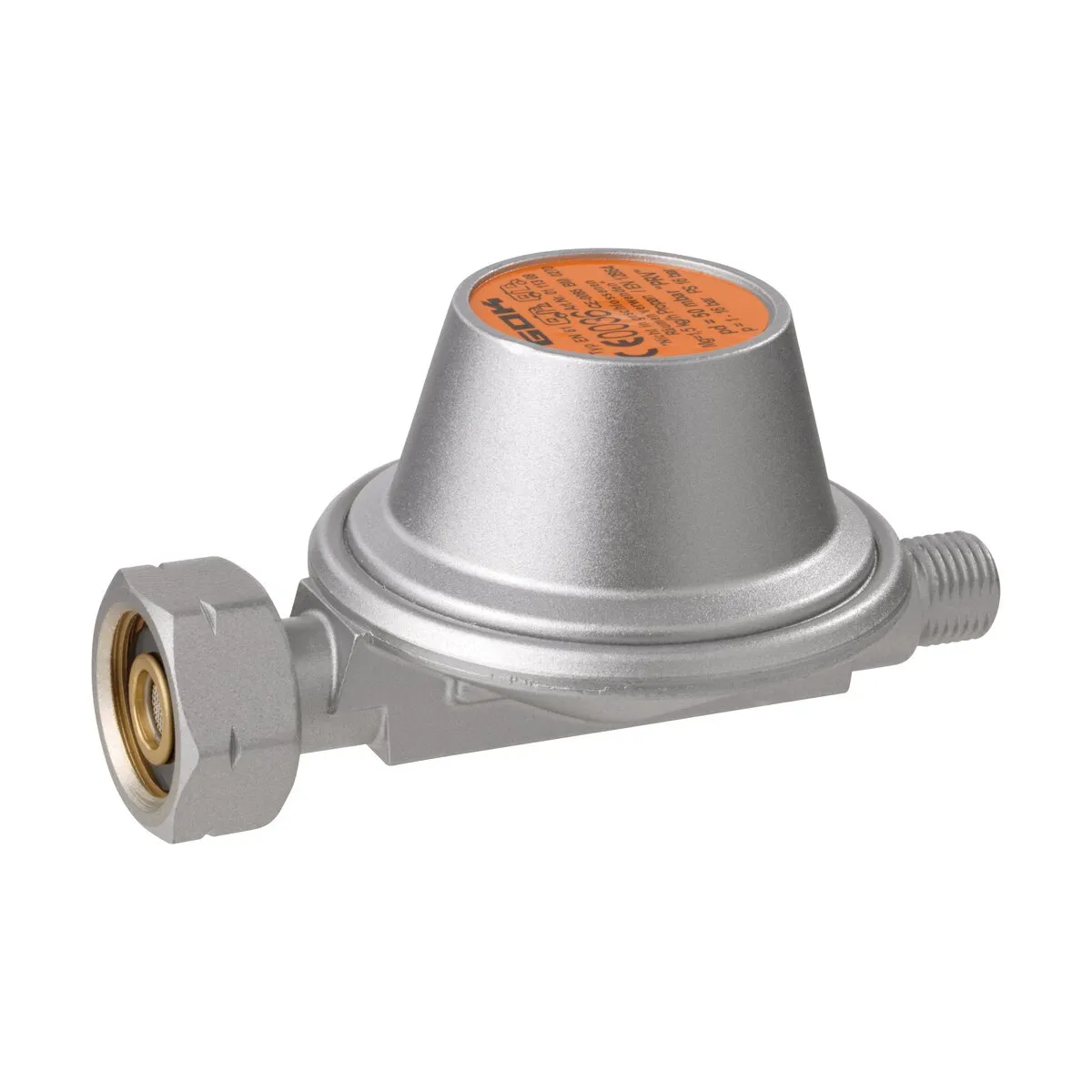 Silberfarbener Niederdruckregler für Gas mit konischem Gehäuse, Shell-F-Anschluss links und Gewindeanschluss G 1/4 LH-KN rechts, ohne Manometer